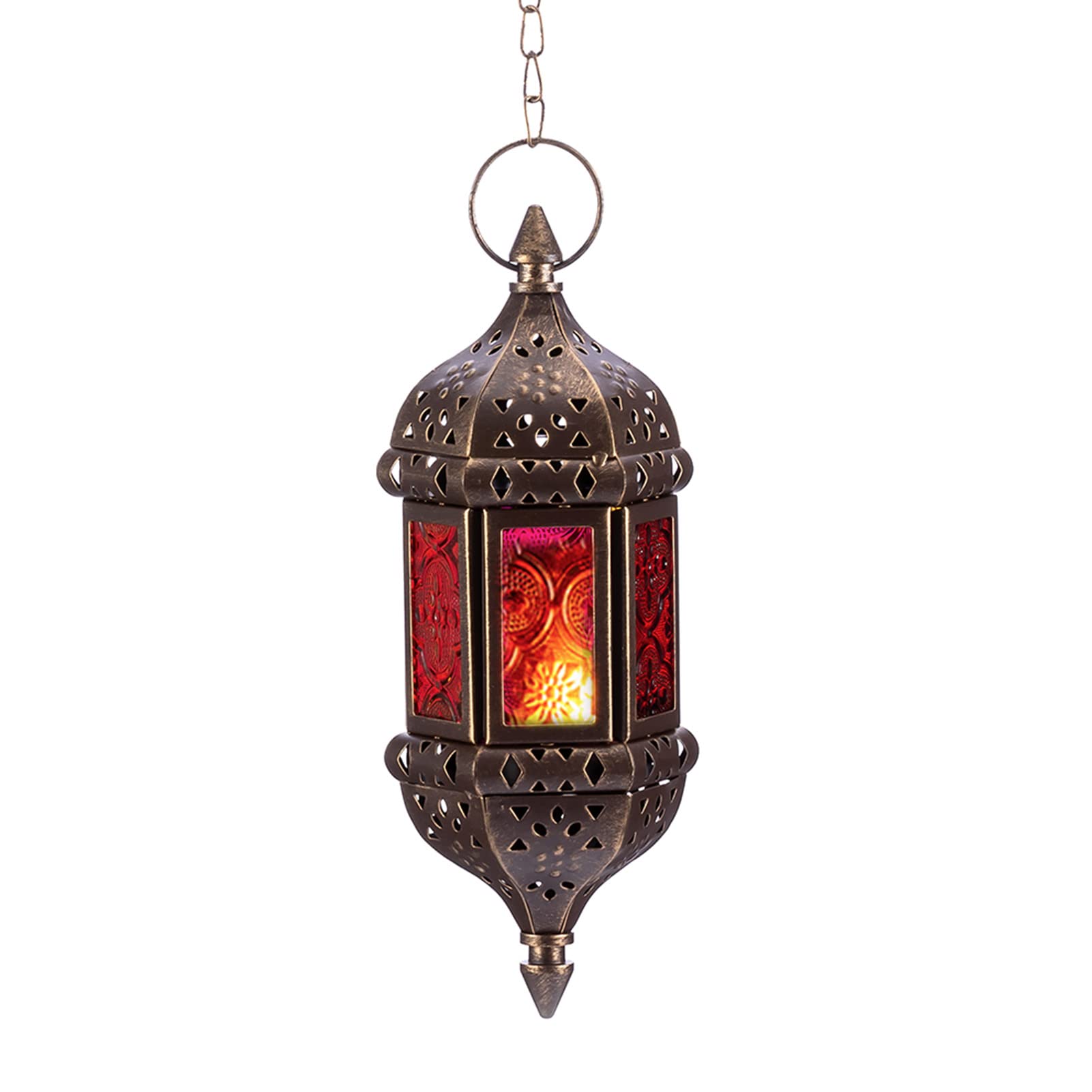 Hanging Hexagon Decorative Moroccan Candle Lantern Holders, Handmade Hanging Tea Light Holder in Brown Metal & Red & Purple Glas