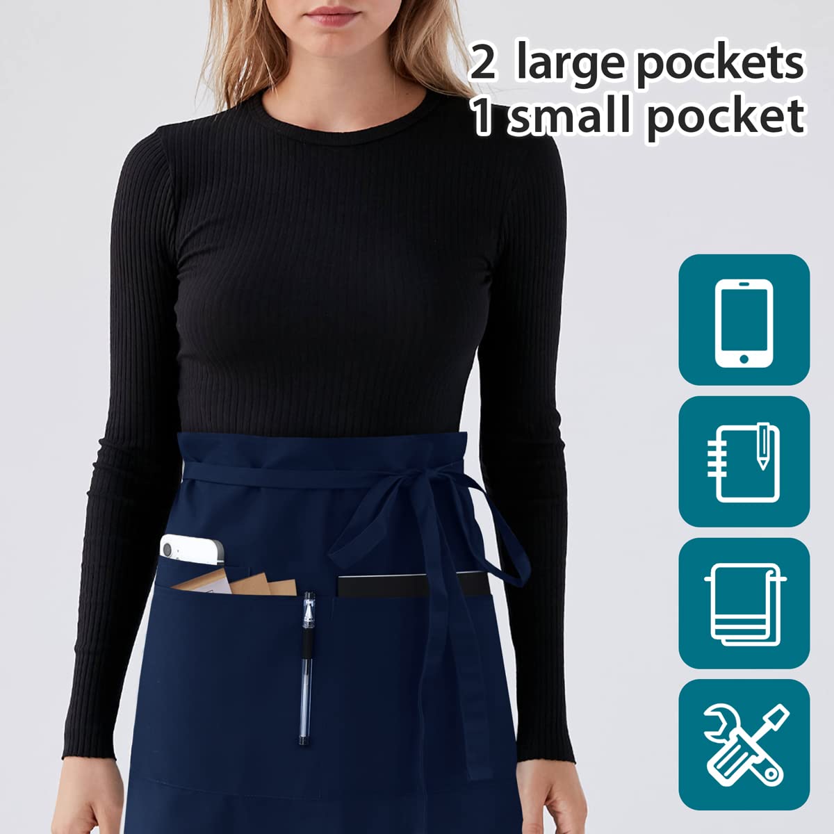 Rotanet Server Apron With 3 Pockets 22 Inch Long Waiter Waitress Bistro Half Waist Aprons For Women Men Waterproof Navy Blue