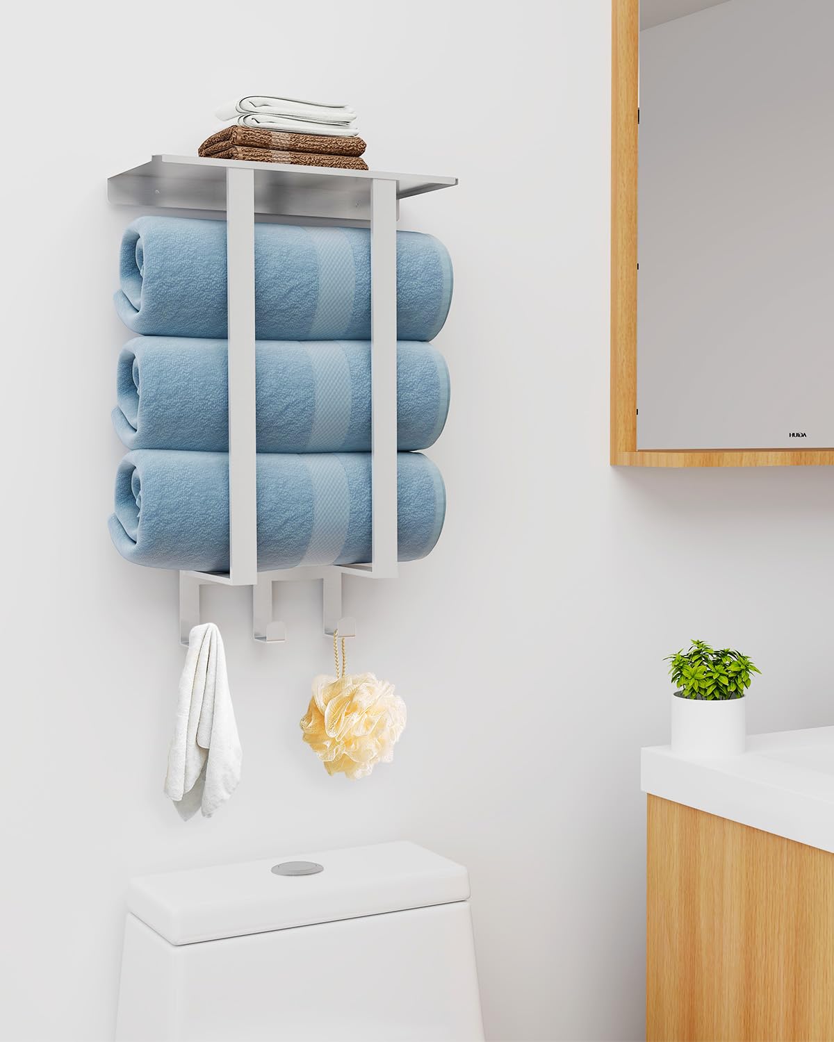 Towel Racks For Bathroom, Bethom Towel Rack Wall Mounted With Shelf & 3 Hooks, Towel Storage For Small Bathroom For Rolled Bath