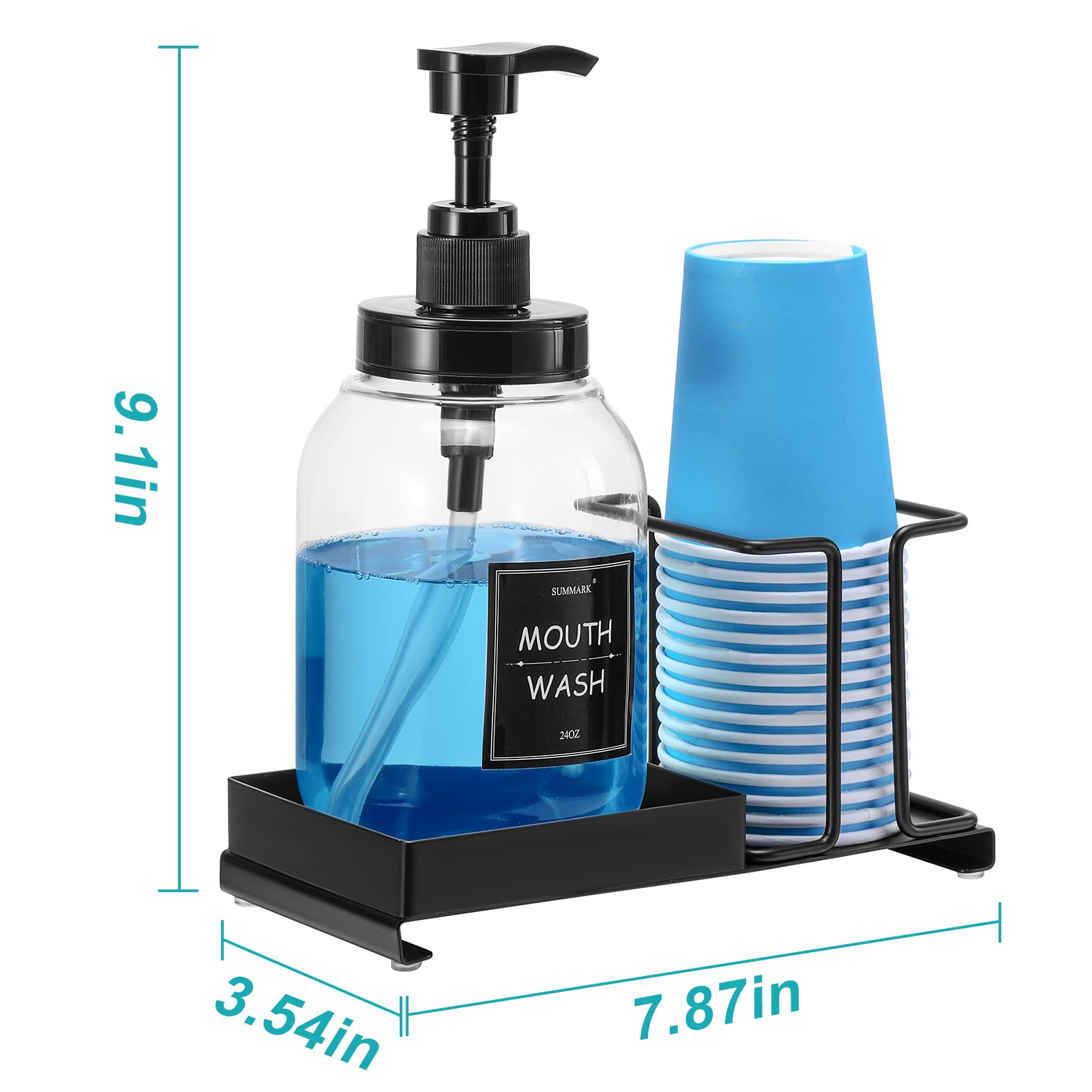 Summark Mouthwash Dispenser For Bathroom,Mouth Wash Pump Bottle With Stainless Steel Cup Holder,24 Oz Refillable Clear Mouthwash
