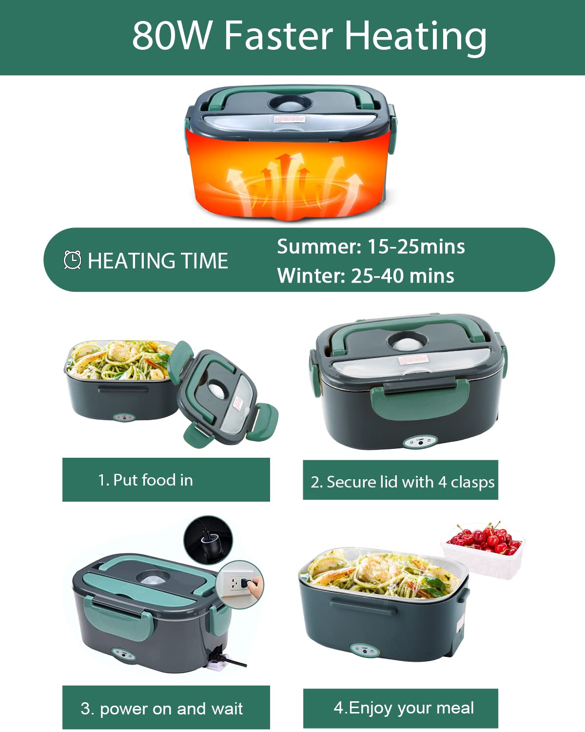 Andmenow 80W Faster Electric Lunch Box, Home Office Truck Car Food Warmer, Portable Food Heater With 304 Stainless Steel Contain
