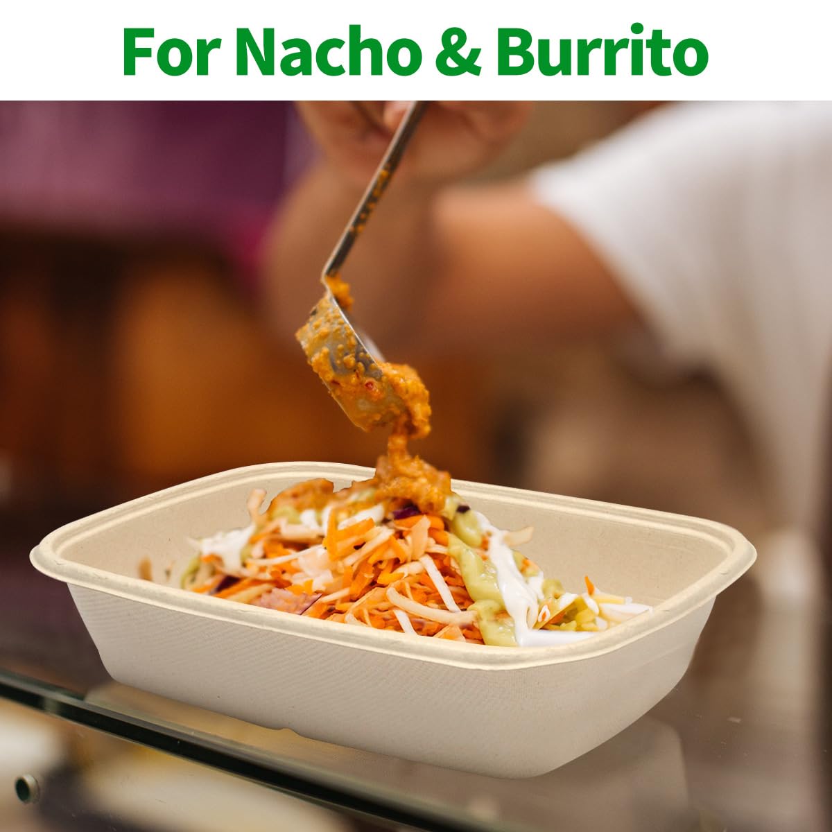 Bloomoon 100 Pack 32 Oz Large Rectangle Paper Bowls For Taco Salad, Burrito, Nacho, Pasta, Baked Potatos, Compostable 32Oz Dispo