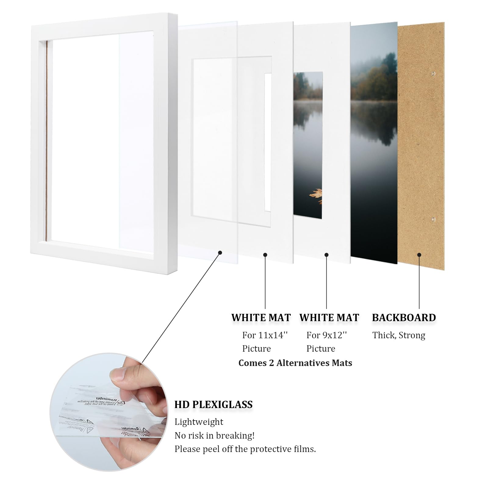 Egofine 12x16 Picture Frame White covered by Plexiglass Made of Solid Wood  Display Pictures 9x12 and 11x14 with Mat or 12x16 Without Mat for Table Top and Wall Mounting