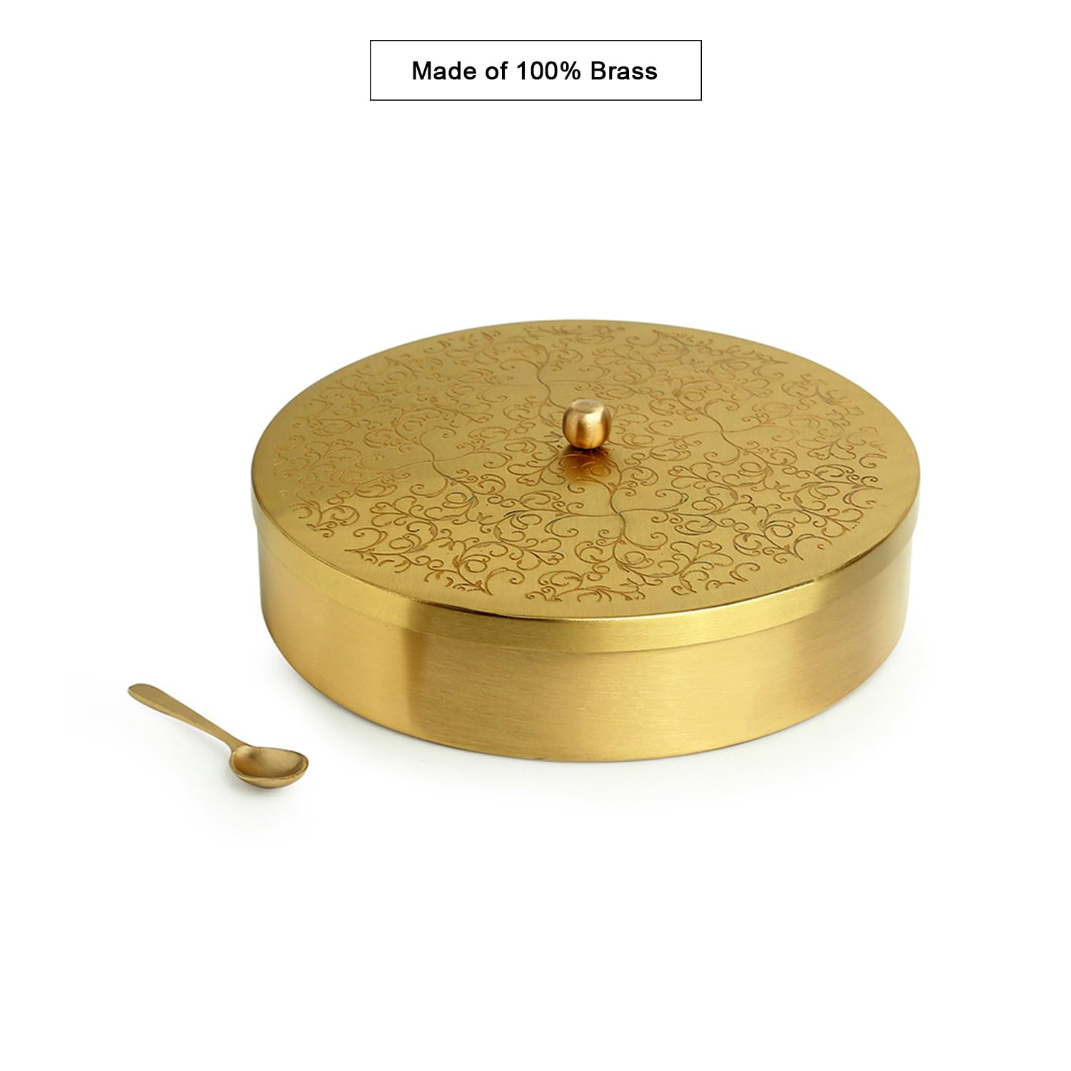 Exclusivelane 'Floral Hand-Etched' Handcrafted Brass Indian Spice Boxes For Kitchen Masala Dabba With Spoon (7 Removable Contain