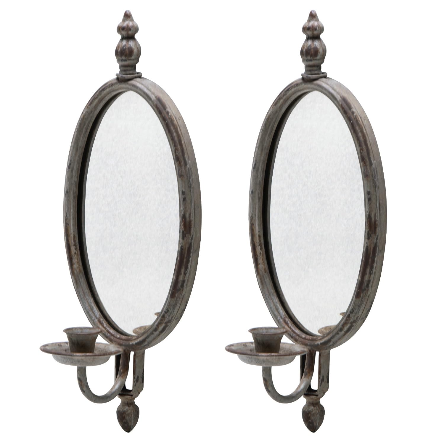SOFFEE DESIGN 2PCS Antique Metal Candle Sconces Candlestick Holder Wall Mounted Distressed with Oval Faded-Looking Mirror