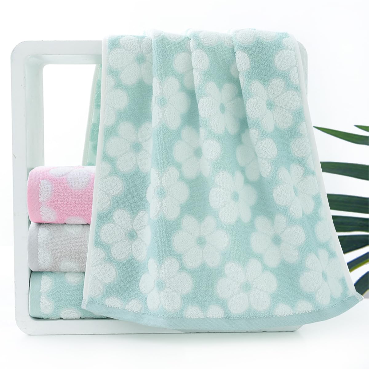 Pidada Hand Towels Set Of 4 Floral Pattern 100% Cotton Soft Absorbent Decorative Towel For Bathroom (Green)