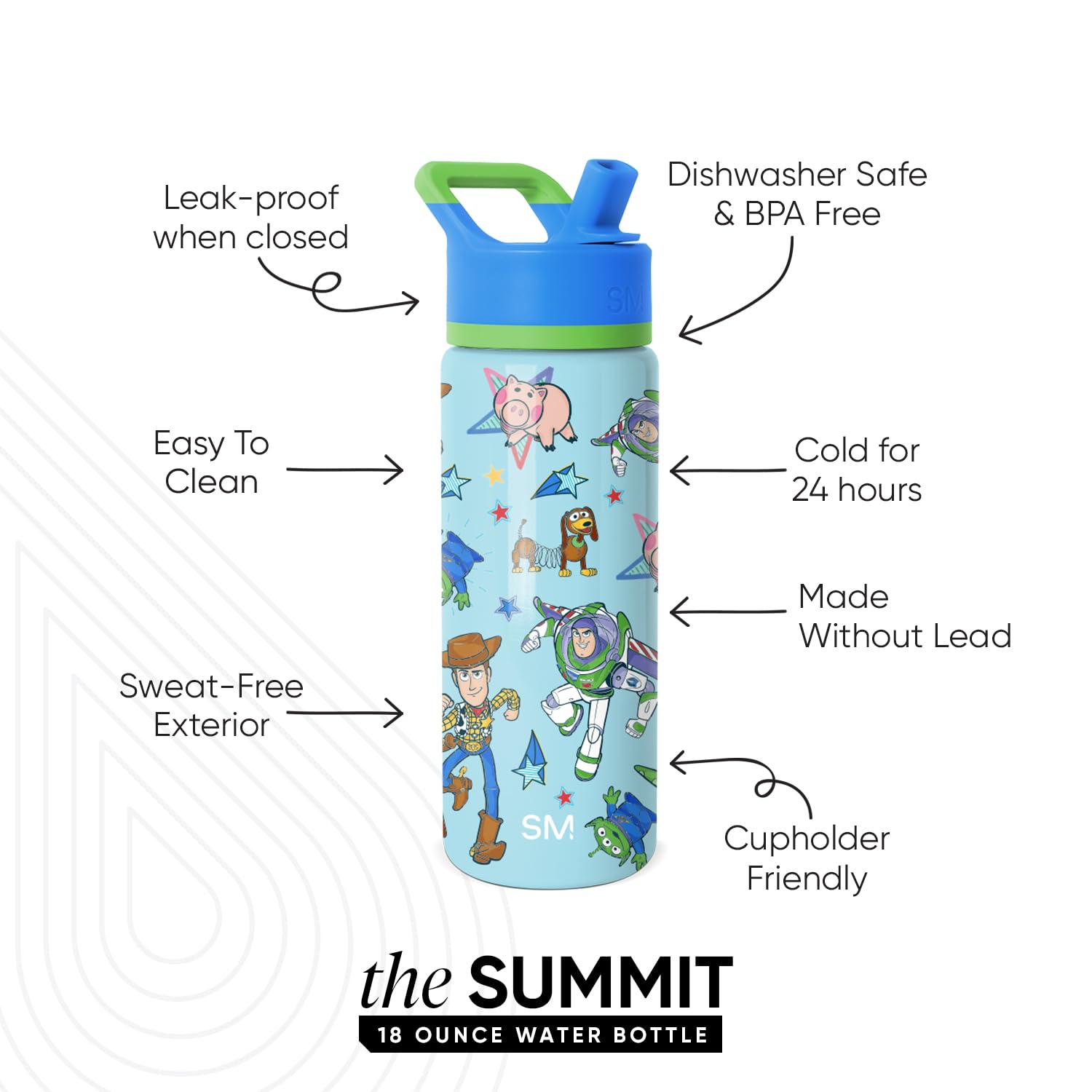 Simple Modern Kids Summit Water Bottle with Straw Lid | Disney Toy Story 18oz Stainless Steel Cup Insulated Tumbler for Boys, Sc
