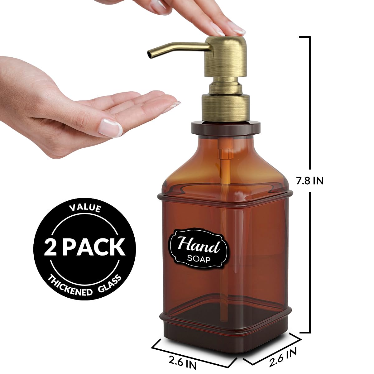 Lmqml Soap Dispenser - 2 Pack, Antique Design Thick Amber Glass Hand Soap Dispensers With Sturdy Tray; 304 Rust Proof Stainless