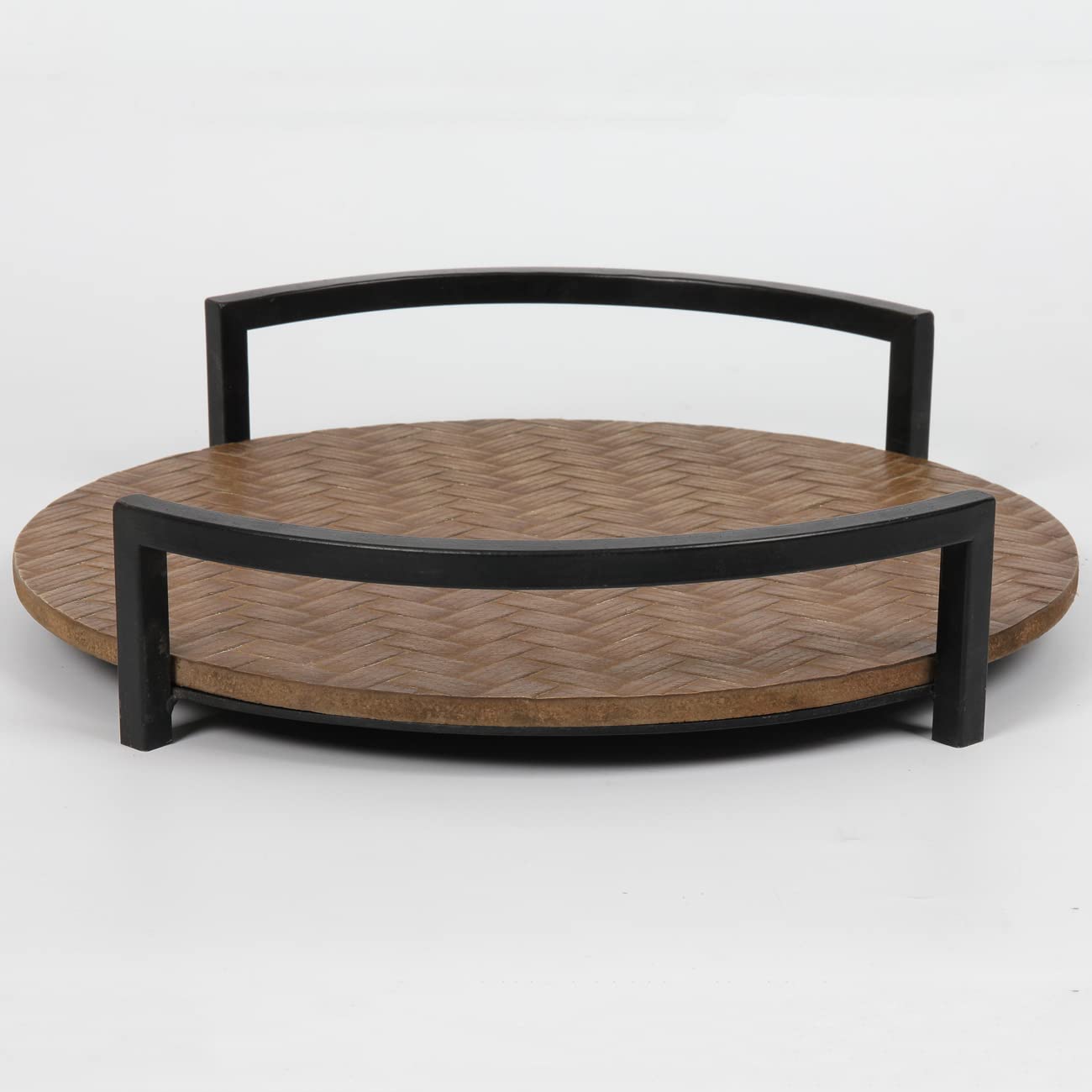 Farmhouse Round Decorative Tray,Wood Serving Tray With Metal Handles, Rustic Ottoman Coffee Table Accent Tray, Centerpieces For