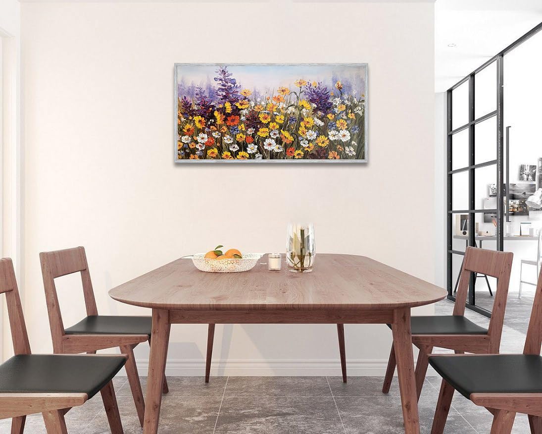 Ardemy Canvas Wall Art - Colorful Daisy Floral Painting, 58"x29", Yellow Framed, Textured Artwork for Living Room, Bedroom, Office Decor