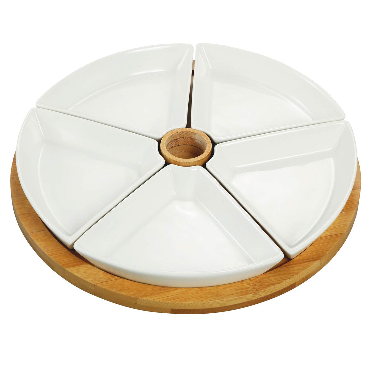 Elama Ceramic Stoneware Condiment Appetizer Set, 7 Piece, Large Round In White And Natural Bamboo