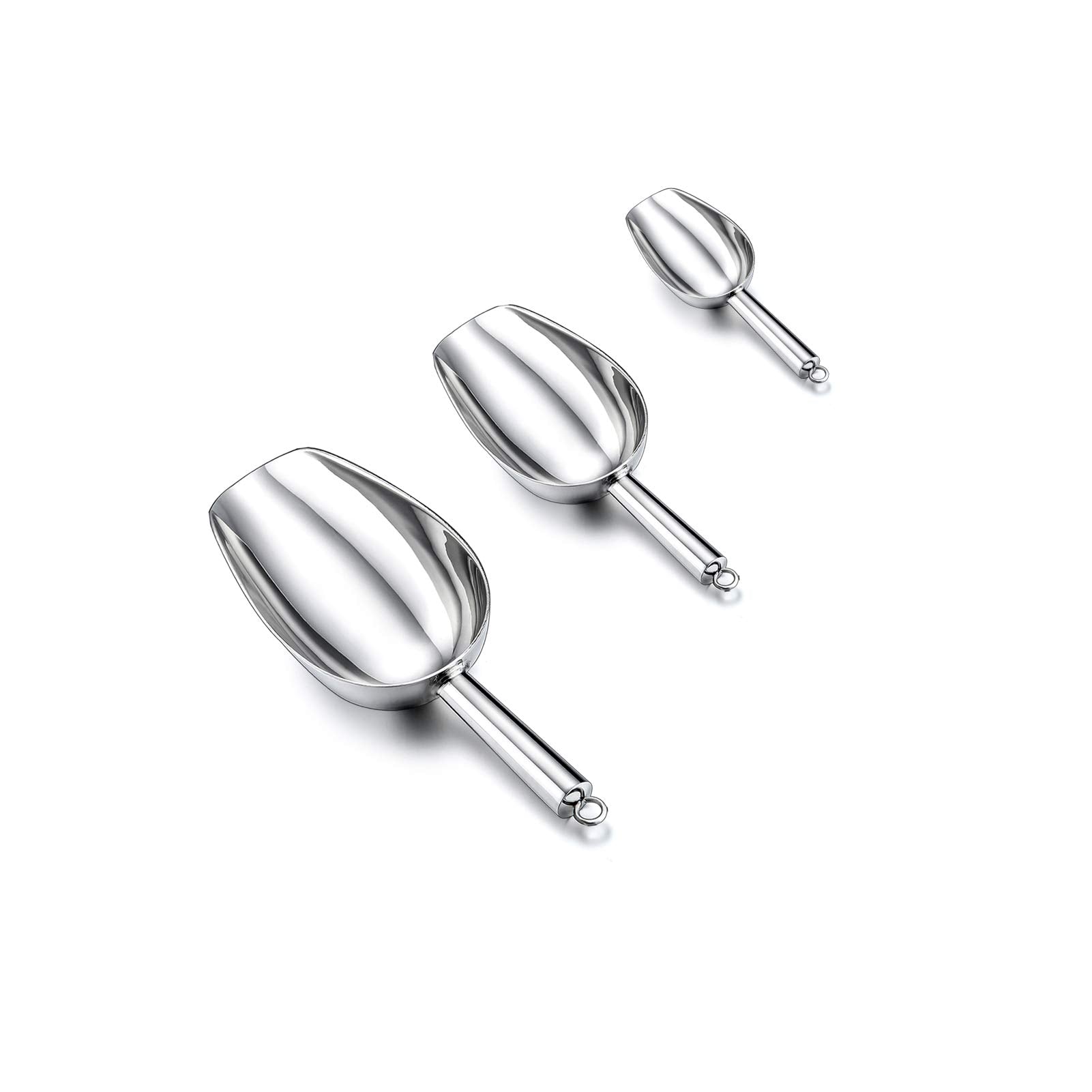 Teamfar Ice Scoop Set Of 3, 3/5 / 8 Oz, Utility Metal Scoop Stainless Steel For Food Candy Popcorn, Healthy & Mirror Finish, Eas