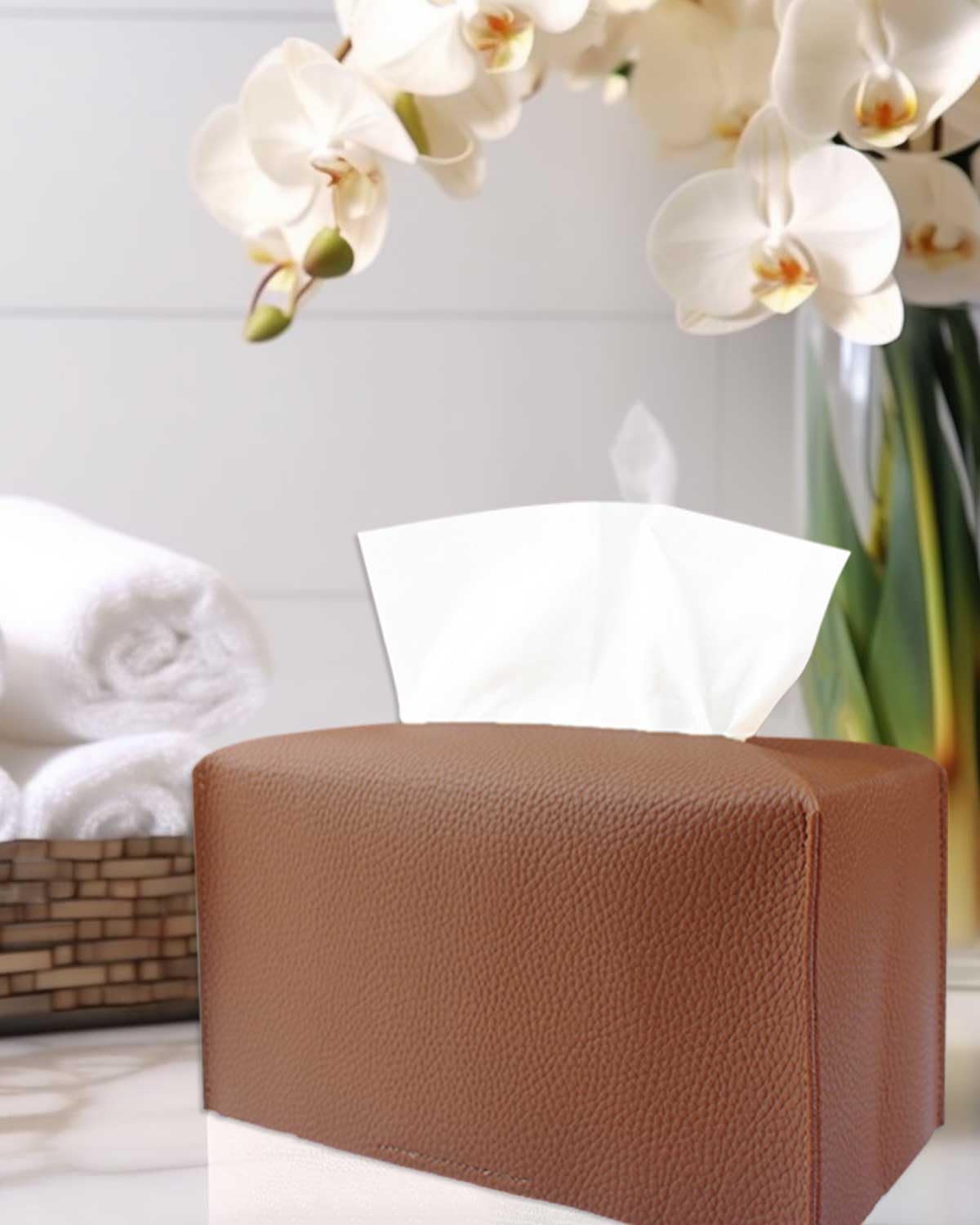 Rectangle Tissue Box Cover Brown - Normal Size Leather Rectangular Tissue Box Cover [Jesmini] Faux Leather Tissue Box Holder Lon