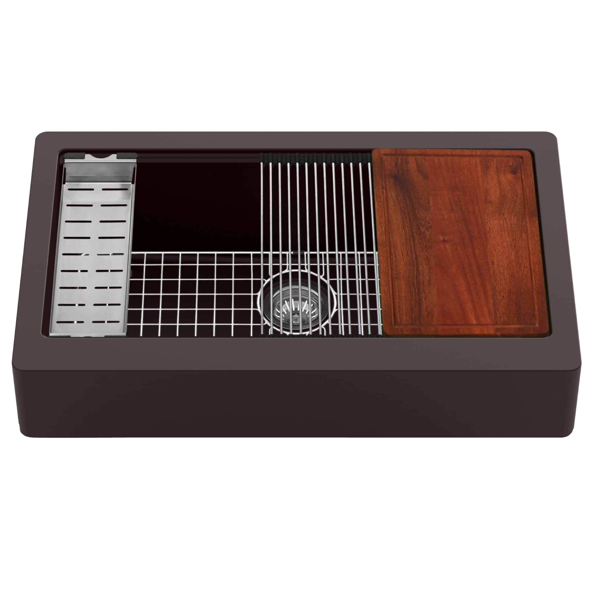 Karran 34 Retrofit Undermount Large Single Bowl Quartz Farmhouse Workstation Kitchen Sink in Brown