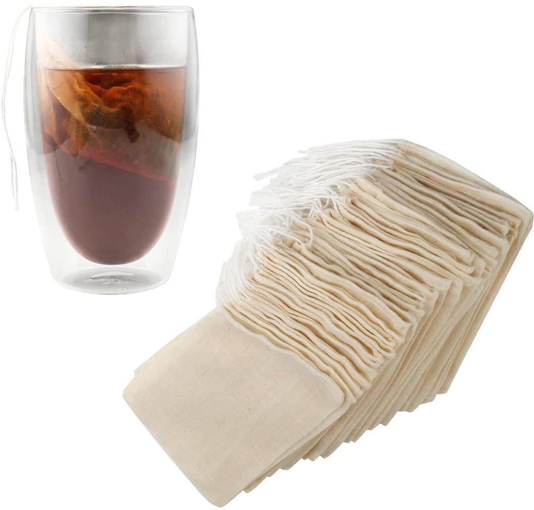 Oveera Tea Filters Strainer Bags Reusable Coffee Brew Herb Cheesecloth Muslin Mesh Bag With Drawstring Safe Penetration Unbleach