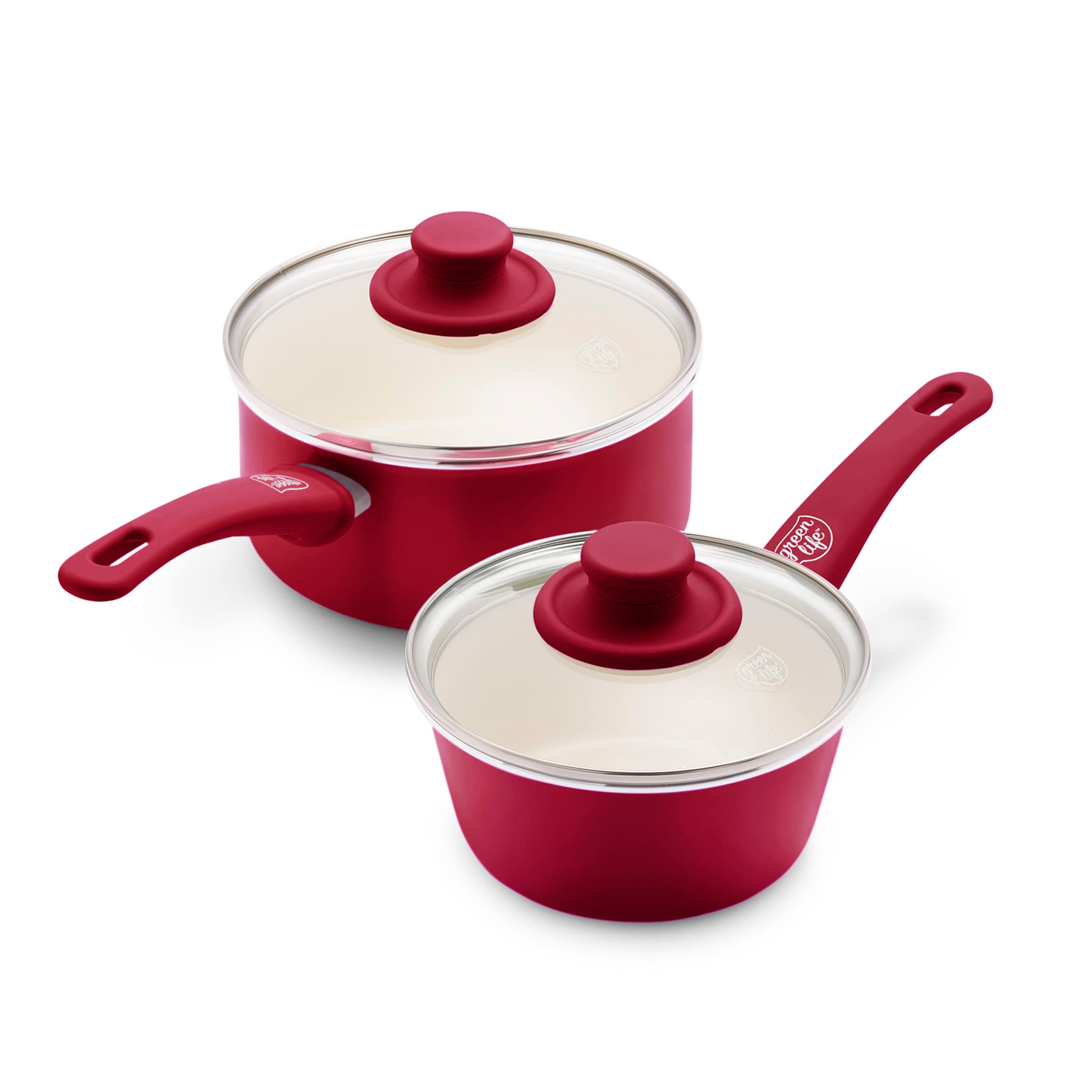 Greenlife Soft Grip Healthy Ceramic Nonstick, 1Qt And 2Qt Saucepan Pot Set With Lids, Pfas-Free, Dishwasher Safe, Red