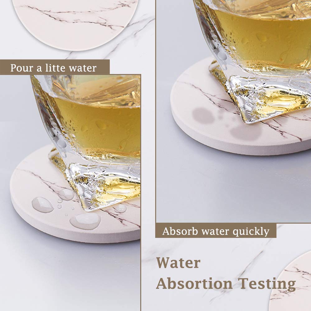 Coasters for Drinks  Absorbent Ceramic Stone Coasters Set with Metal Holder Stand  Cork Base  Marble Surface Pattern  Cups Place Mats for Home Decor  Set of 6 - White