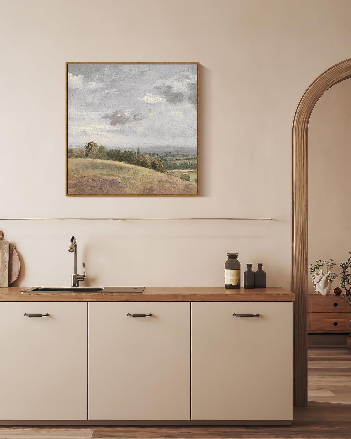 Insimsea Square Framed Canvas Wall Art, Farmhouse Nature Scenery Sky Clouds Valley Grassland Wall Art Prints, Classical Retro Pa