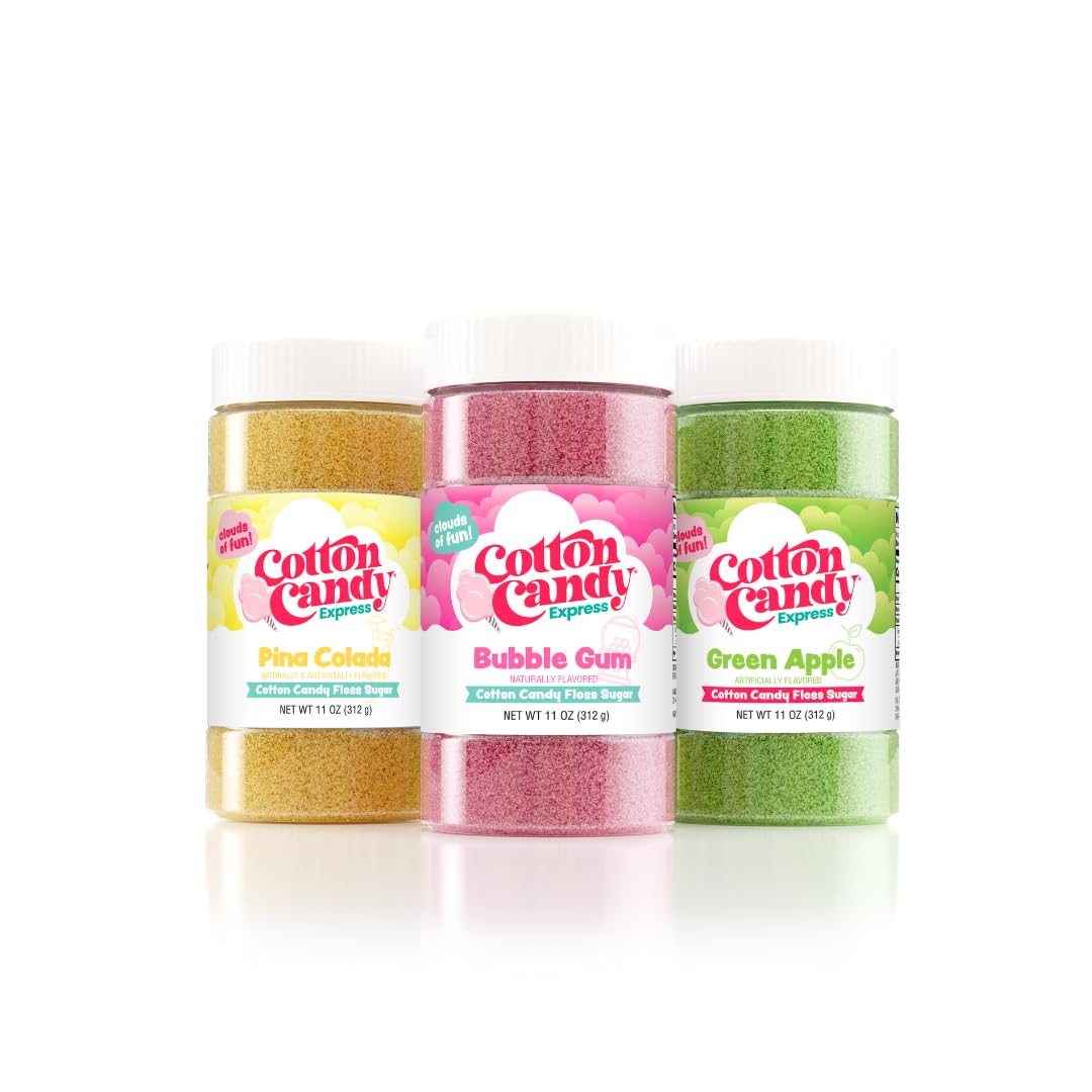 Cotton Candy Express Floss Sugar Variety Pack with 3 - 11oz Plastic Jars of Bubble Gum, Green Apple, Pina Colada Flossing Sugars