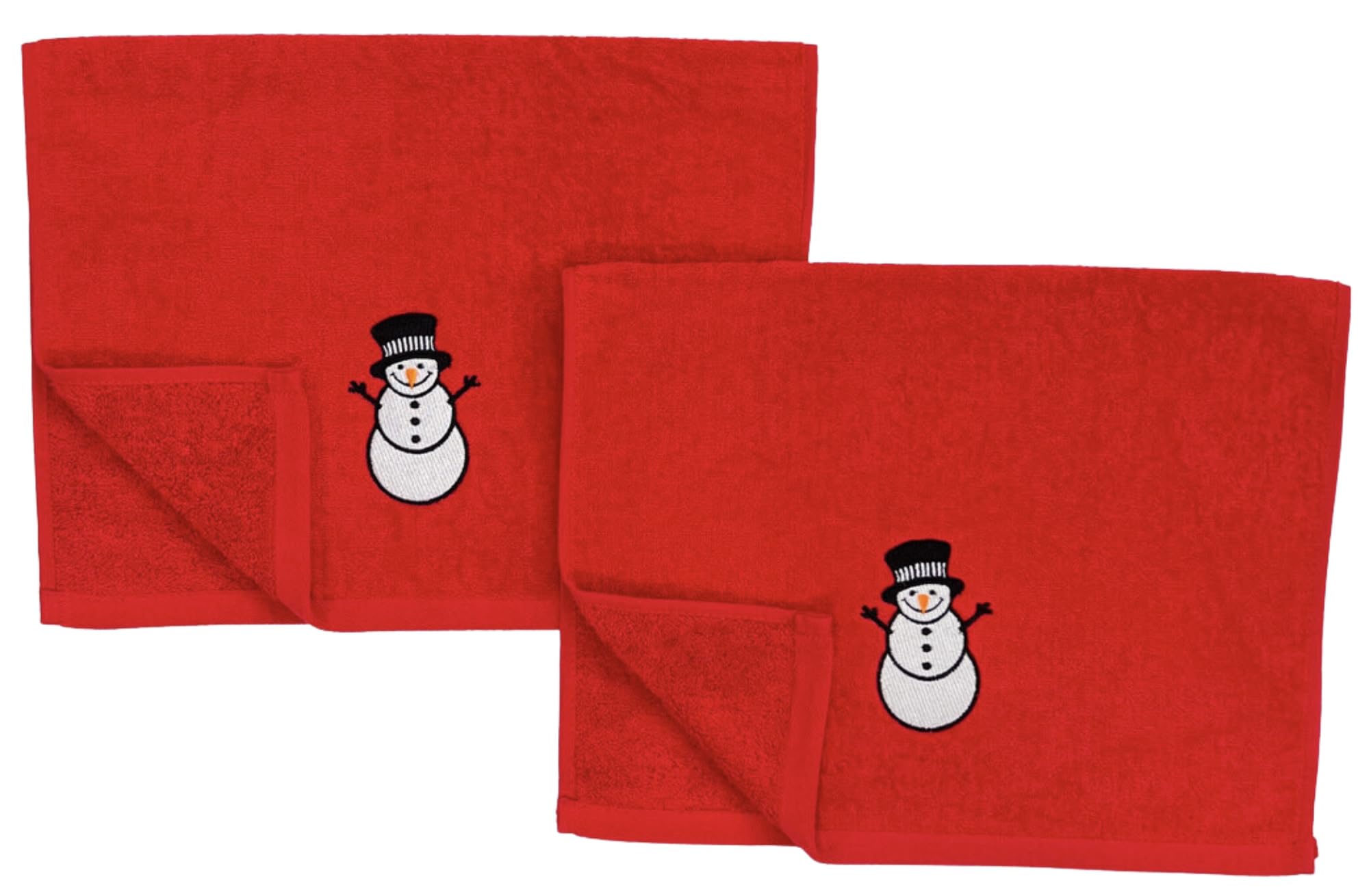 Christmas Holiday Red Snowman Hand Towels With Checkered Border: Luxury Bathroom Guest Towels, Embroidered (25'' X 16'' Inch)