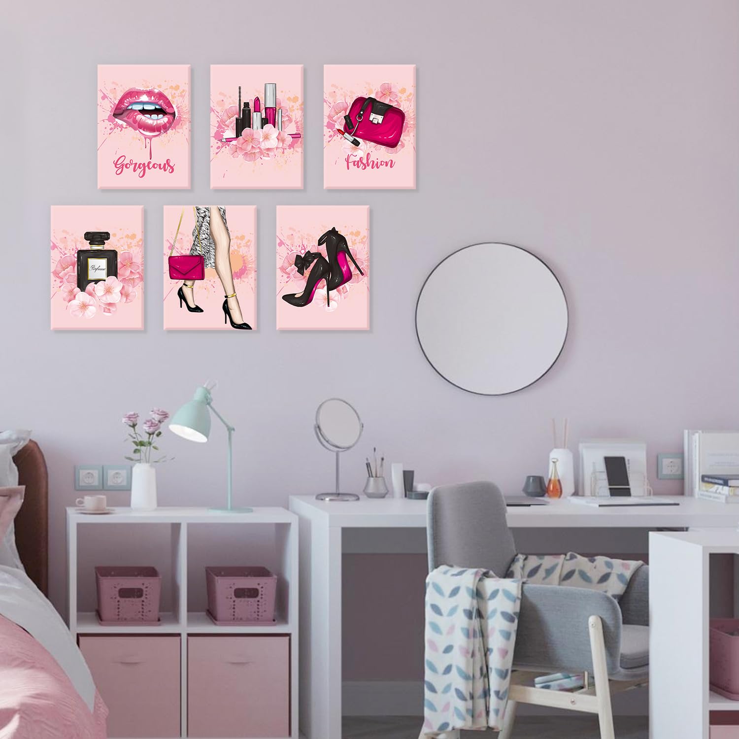 Hpniub Fashion Wall Art, Glam Wall Decor For Living Room, Set Of 6 Piece (12X16Inch,Framed) Pink Girly Beauty Room Pictures Mode