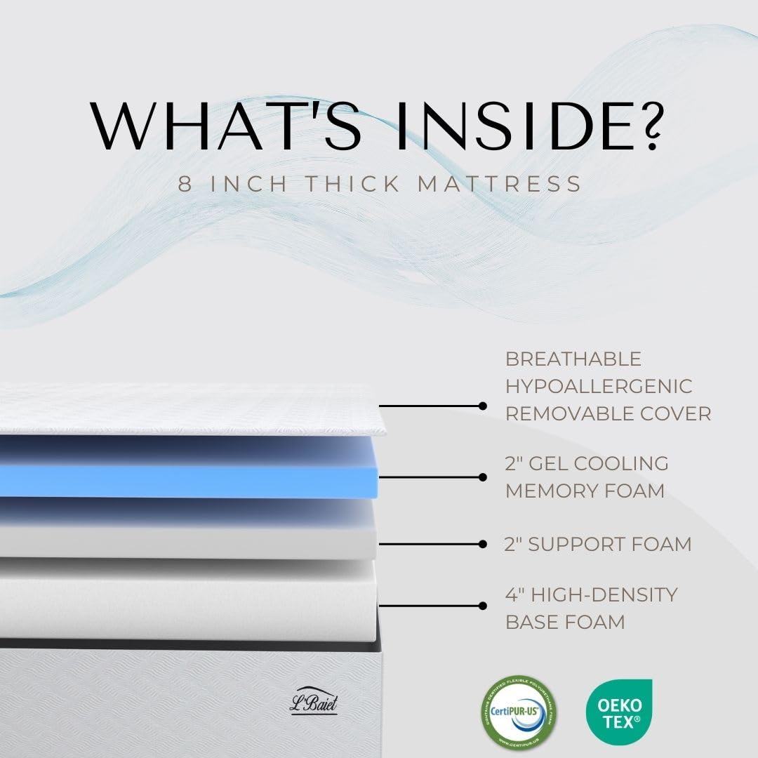 Lbaiet 8    Gel Memory Foam Mattress, King Size/Bed In A Box/Medium Firm/Breathable Cooling-Gel Comfort Technology/Pressure Reli