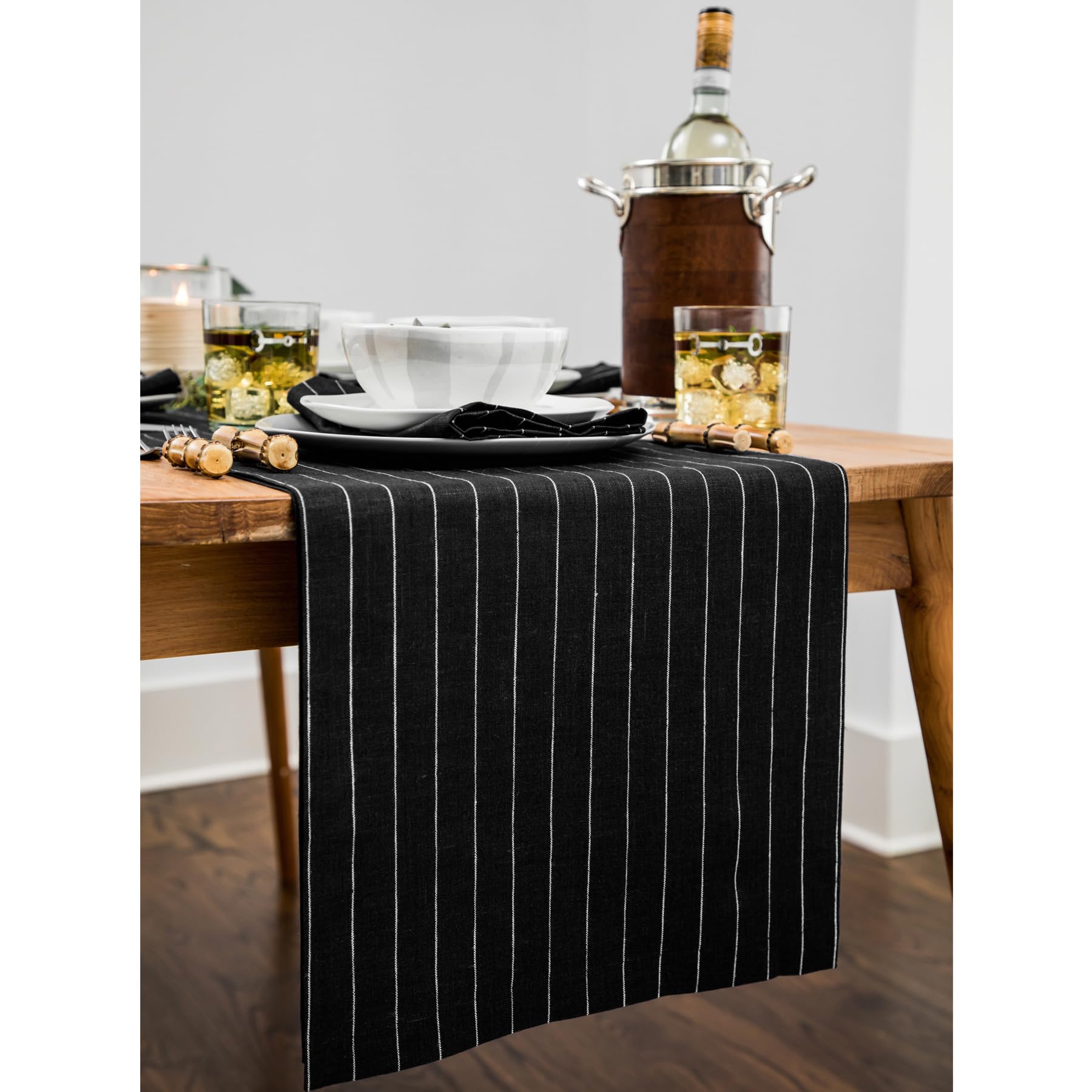 Solino Home Pinstripe Linen Table Runner 120 Inches Long - 100% Pure Linen Black And White Table Runner 14 X 120 Inch - Machine