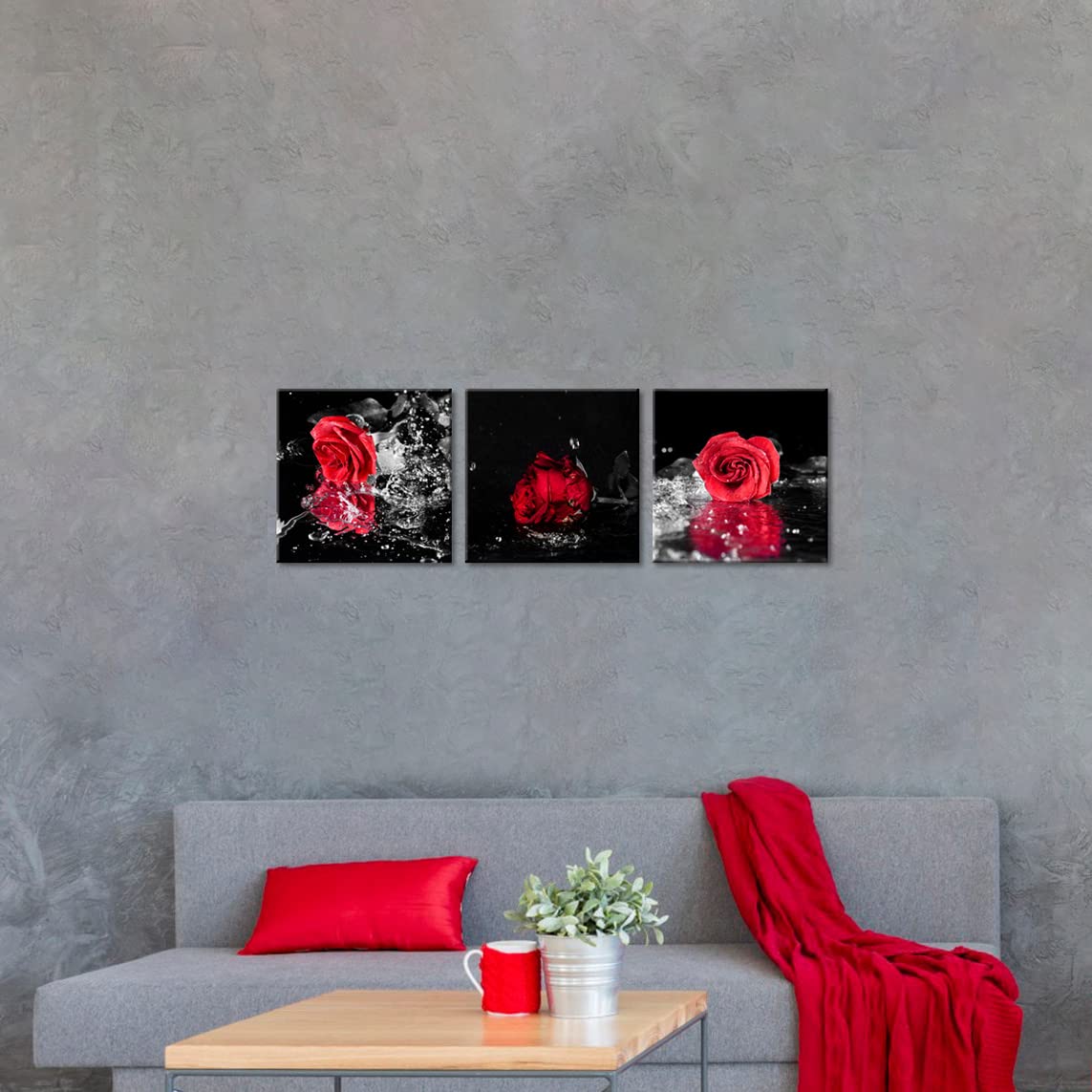 Nan Wind 3 Pcs Modern Canvas Painting Black And White Red Rose Canvas Art Rose And Water Drops Wall Art Flower Picture On Canvas