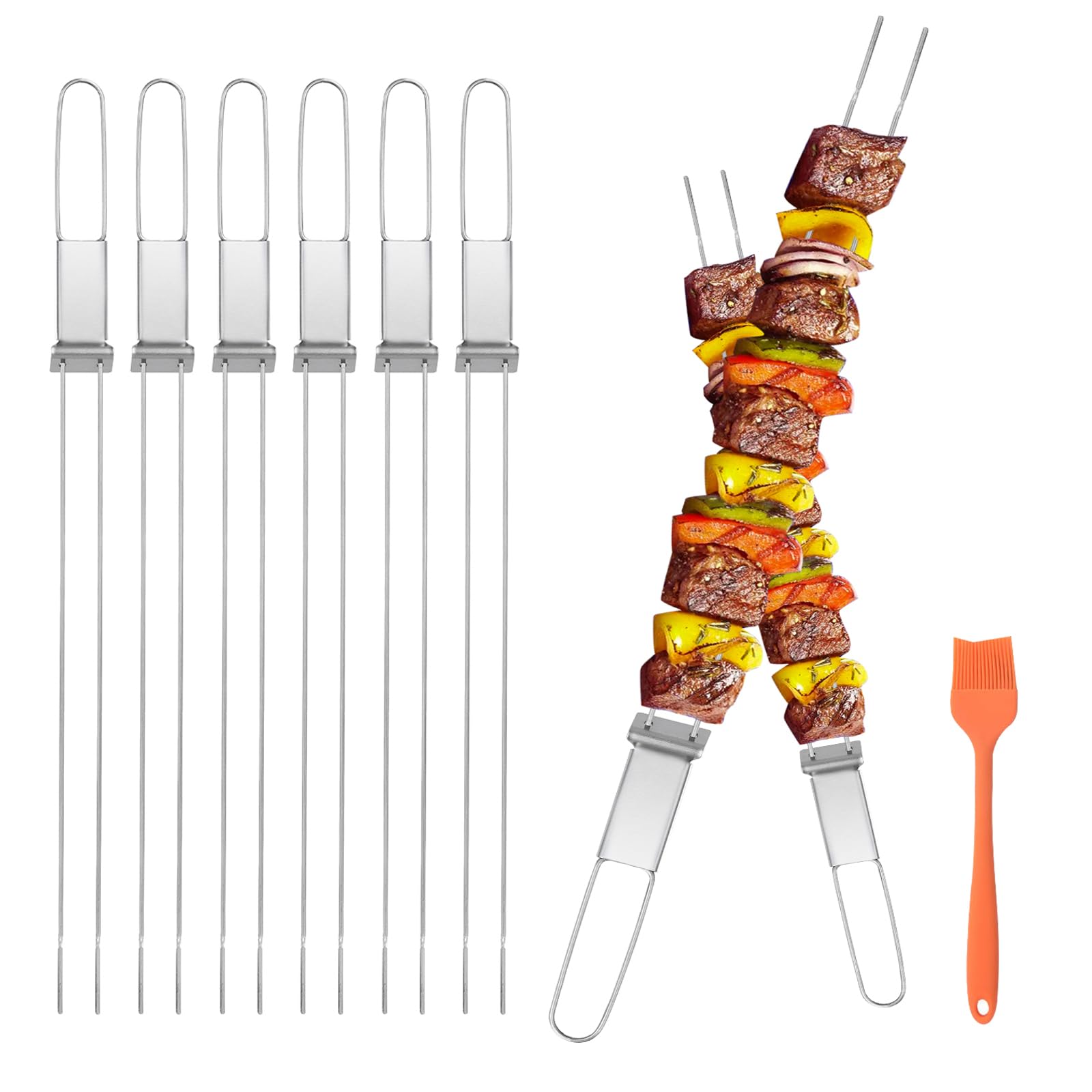 Lightique Kabob Skewers 17Inch Ultra Long Metal Skewers For Kabobs With Push Bar Skewers For Grilling Double Fork Anti-Roll Keba