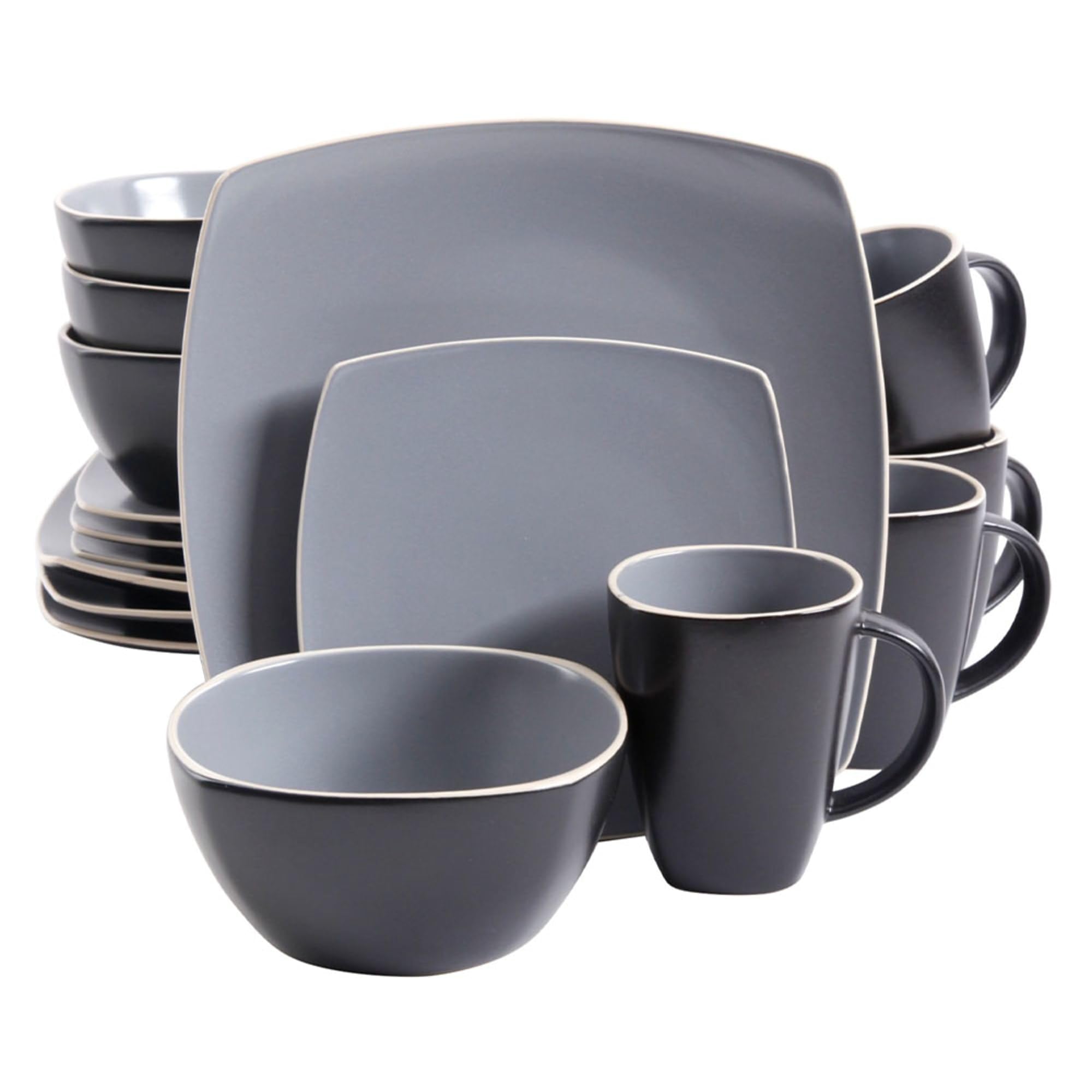 Gibson Home Soho Lounge 16 Piece Soft Square Stoneware Dinnerware Set in Grey Matte