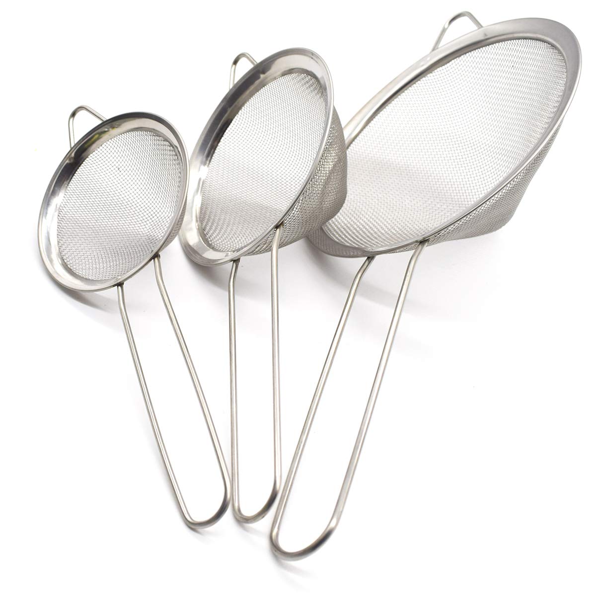 Auear, Fine Mesh Strainer Stainless Steel Conical Sieve Tea With Long Handle For Kitchen (3 Pack, 3'', 4'', 5.5'' Diameter)