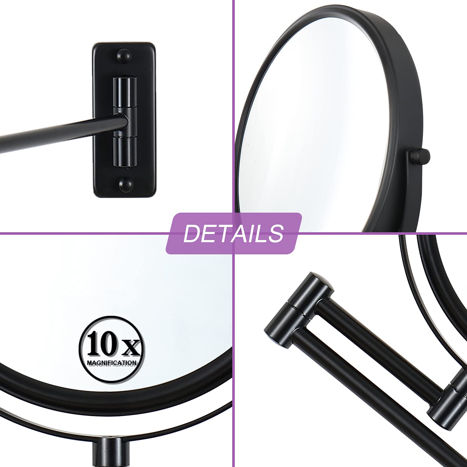 Lansi Wall Mounted Makeup Mirror - 1X/10X Magnifying Mirror 360 Extendable Arm Mirror For Makeup, 8 Inch Double Sided Vanity Mir