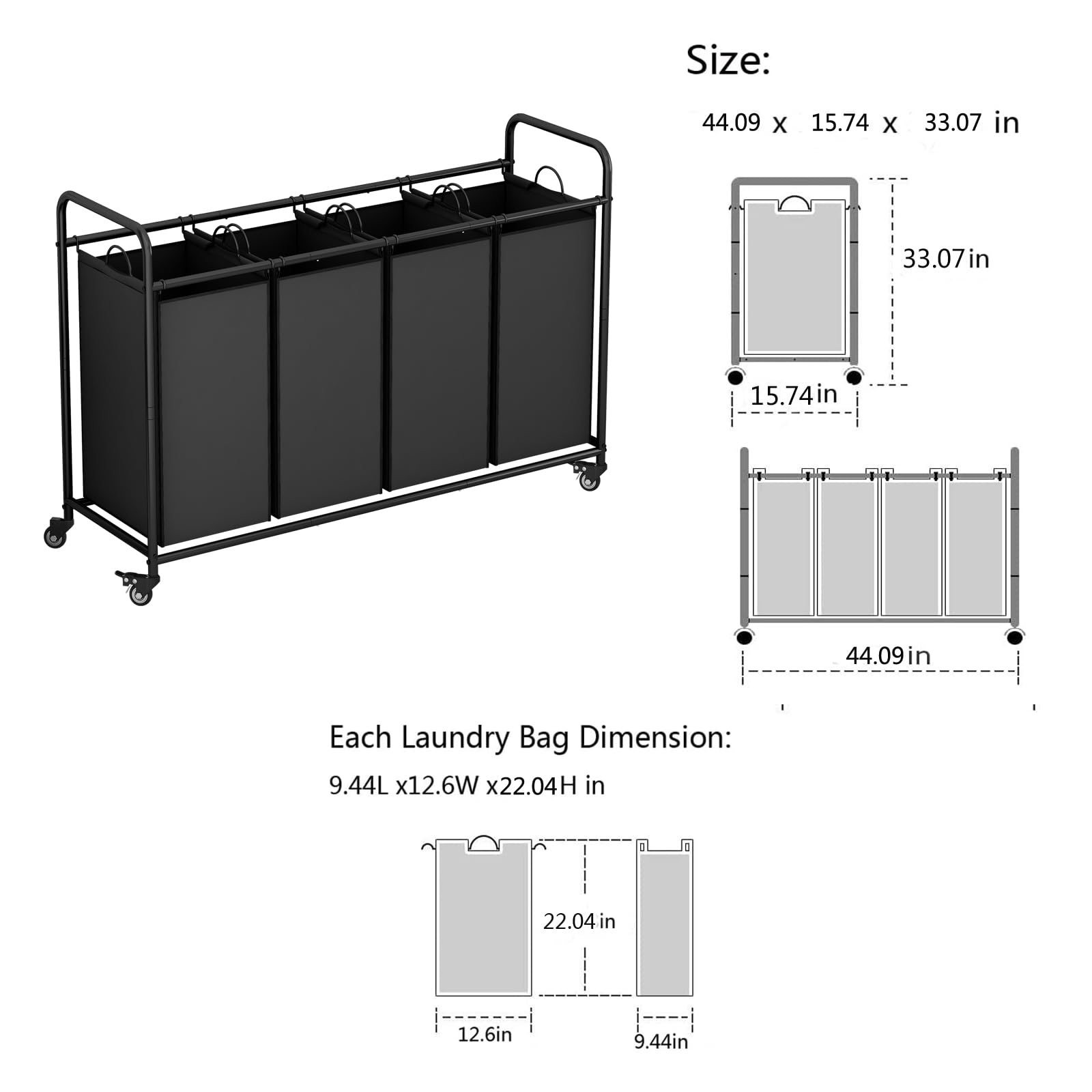 Linzinar 4 Bag Laundry Basket Sorter Laundry Hamper Cart With Heavy Duty Rolling Lockable Wheels And Removable Bags,Black