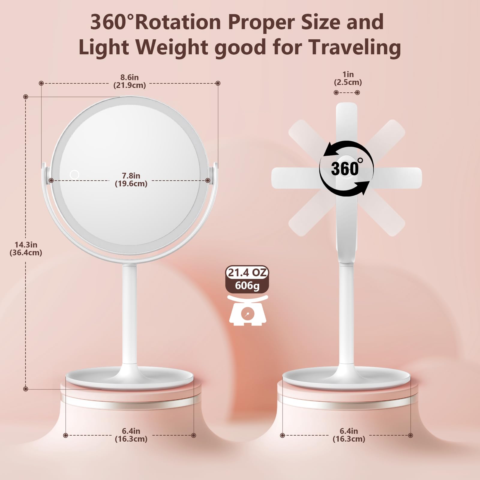 Loksengtech Lighted Makeup Mirror,1X/10X Magnifying Mirror With 3 Colors Lights,Rechargeable Double-Sided Face Mirror,Brightness
