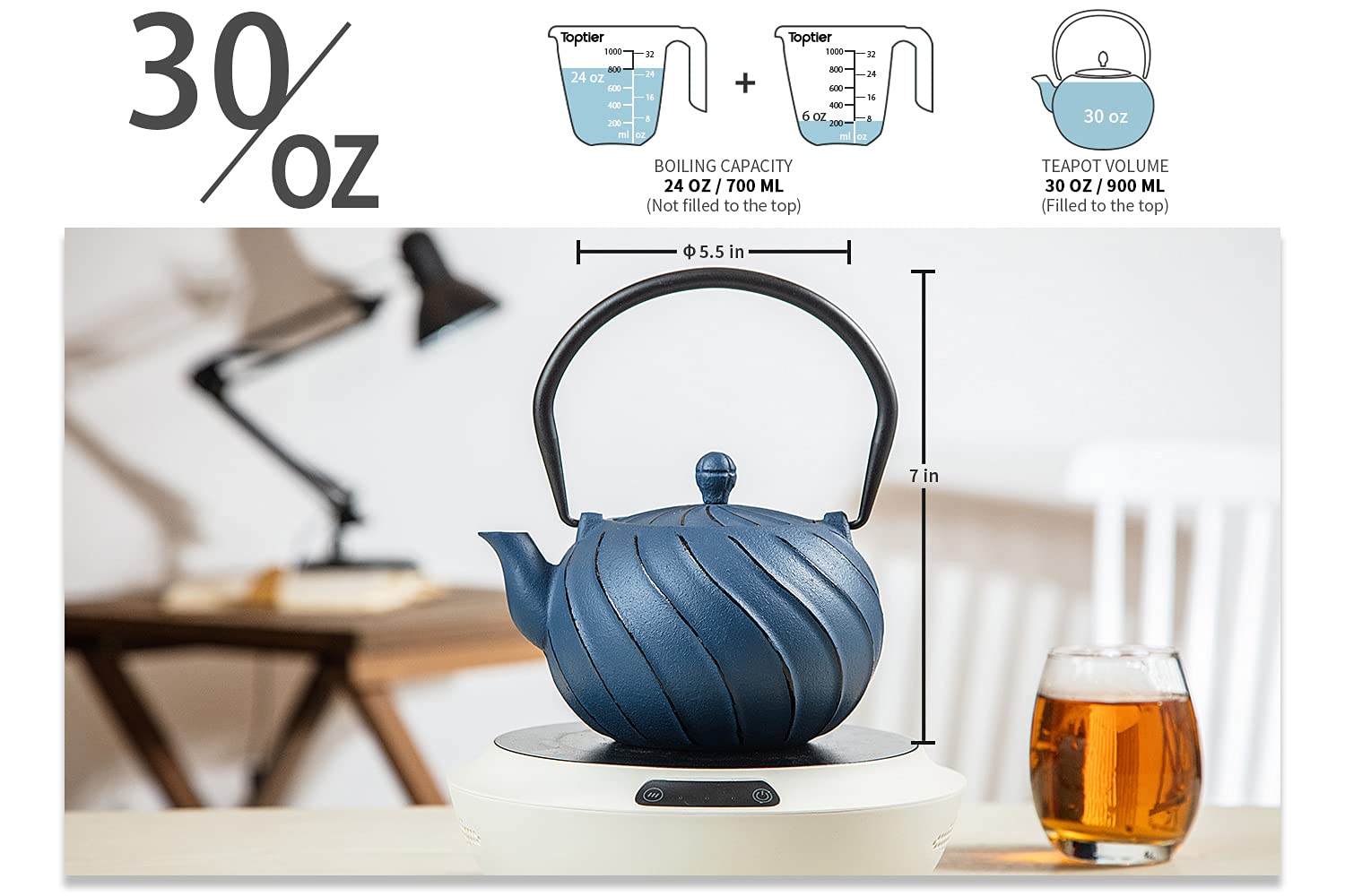 Tea Kettle, Toptier Japanese Cast Iron Teapot With Stainless Steel Infuser, Cast Iron Tea Kettle For Stove Top, Wave Design Teap