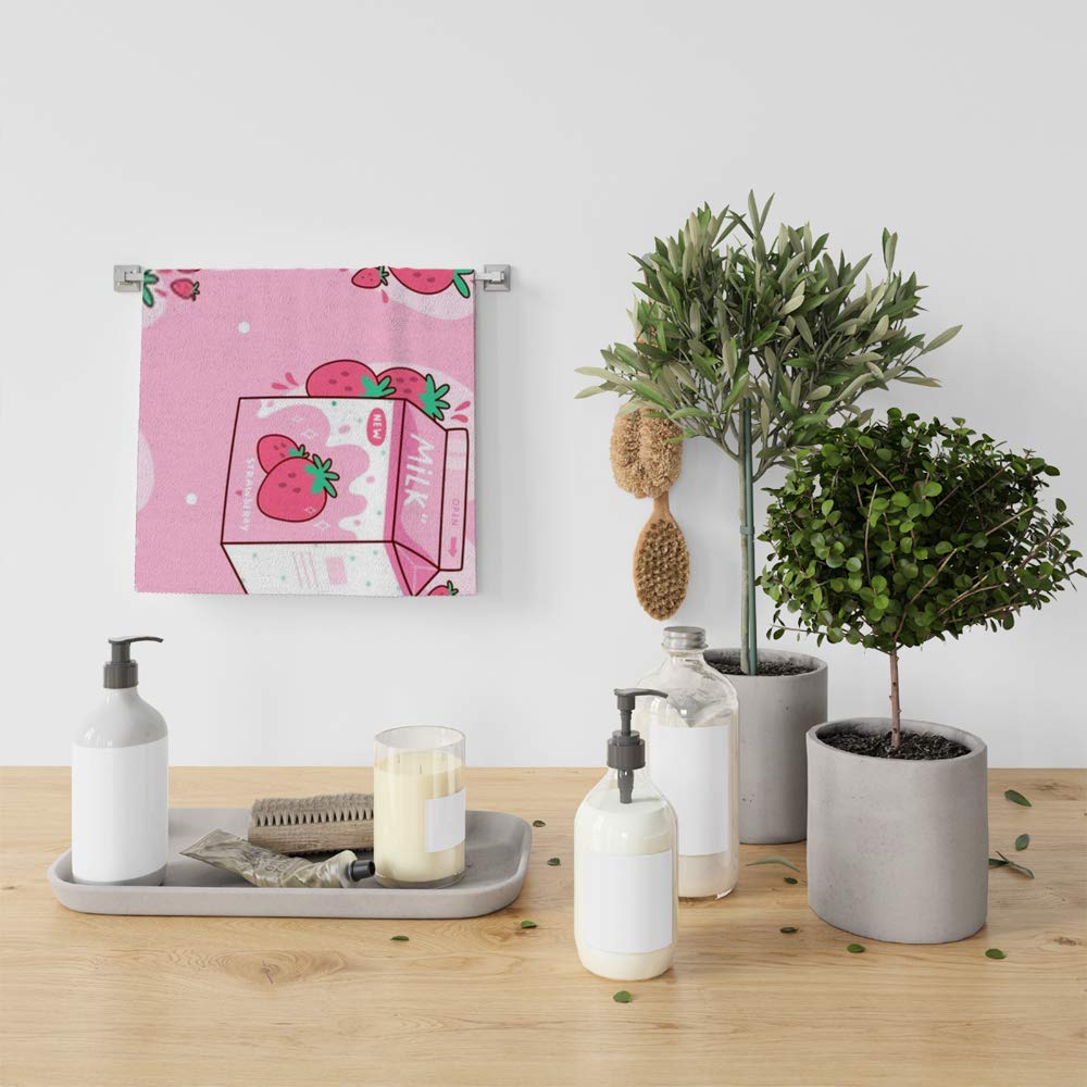 Kuizee Microfiber Hand Towel Face Towels Carton Of Strawberry Milk Kawaii Anime Cartoon Pink Absorbent Ultra Soft Stylish Bathro