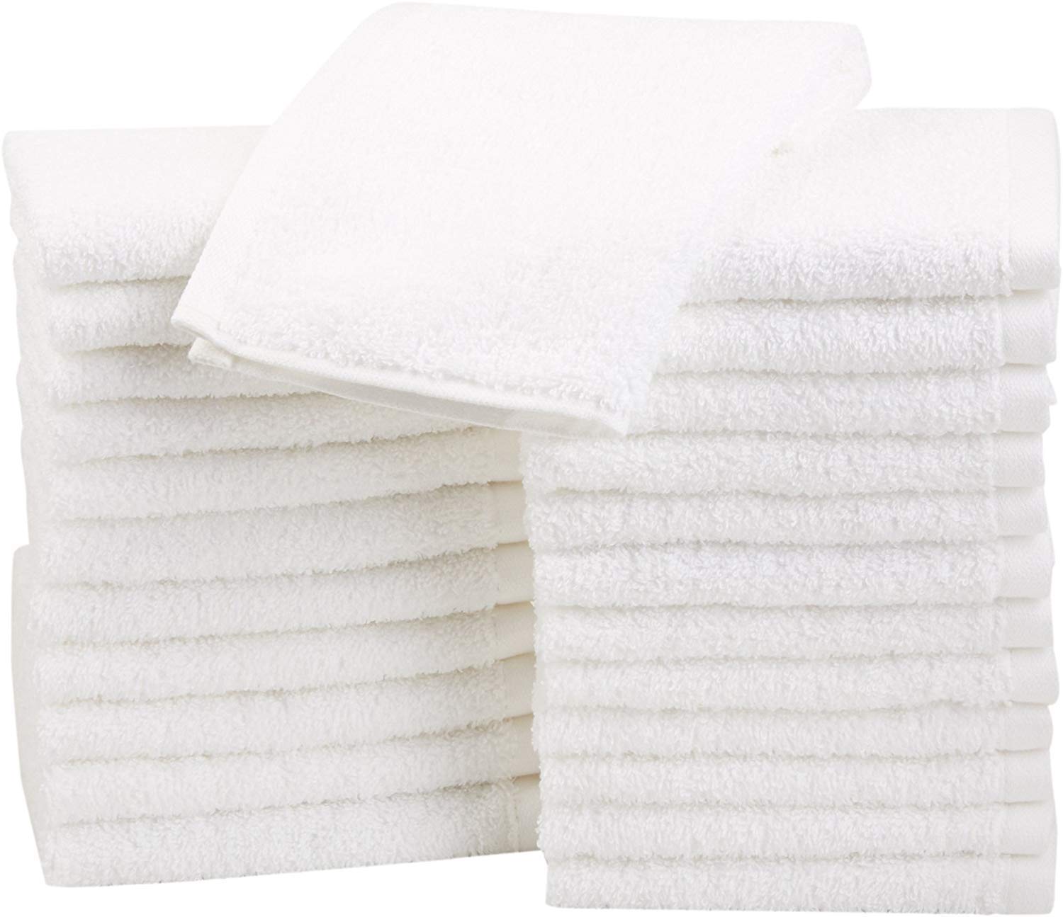 Amazon Basics Washcloth For Bathroom, 100% Cotton Extra Absorbent , Fast Drying - Salon Towels - 24-Pack, White, 12 X 12 Inches