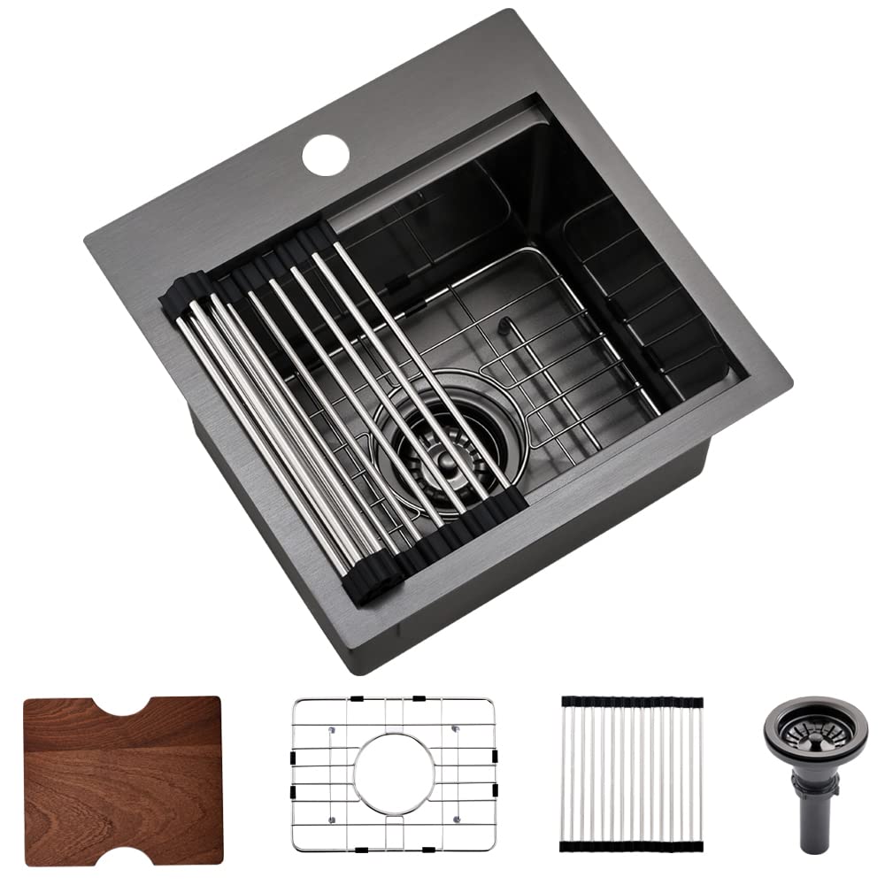 15 Inch Black Drop In Bar Sink Workstation-Bokaiya 15X15 Bar Sink Drop In Small Wet Bar Outdoor Rv Sink 16 Gauge Black Stainless