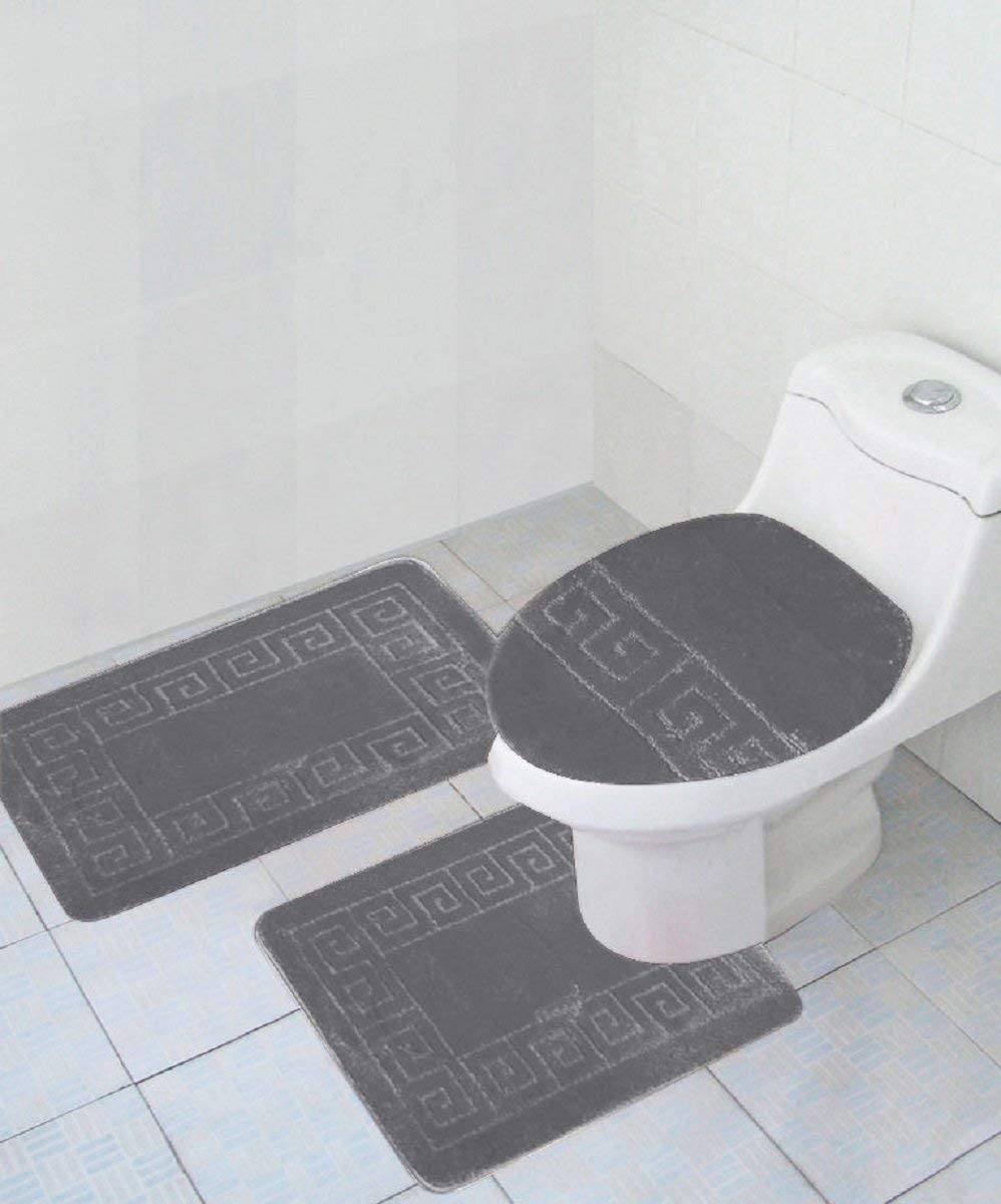 Wpm World Products Mart Bathroom Rugs Set 3 Piece Bath Pattern Rug (20X32)Large Contour Mats (20X20) With Lid Cover (Grey)