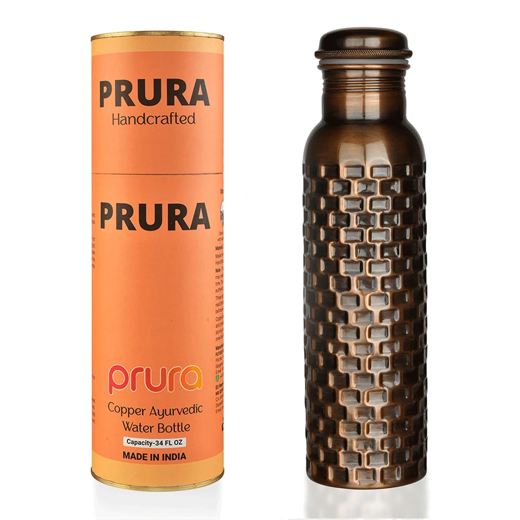 PRURA Black Bricks Design Pure Copper Water Bottle for Drinking Travel Water Bottle for Gym, Office, Hiking, Outdoor - Ayurvedic