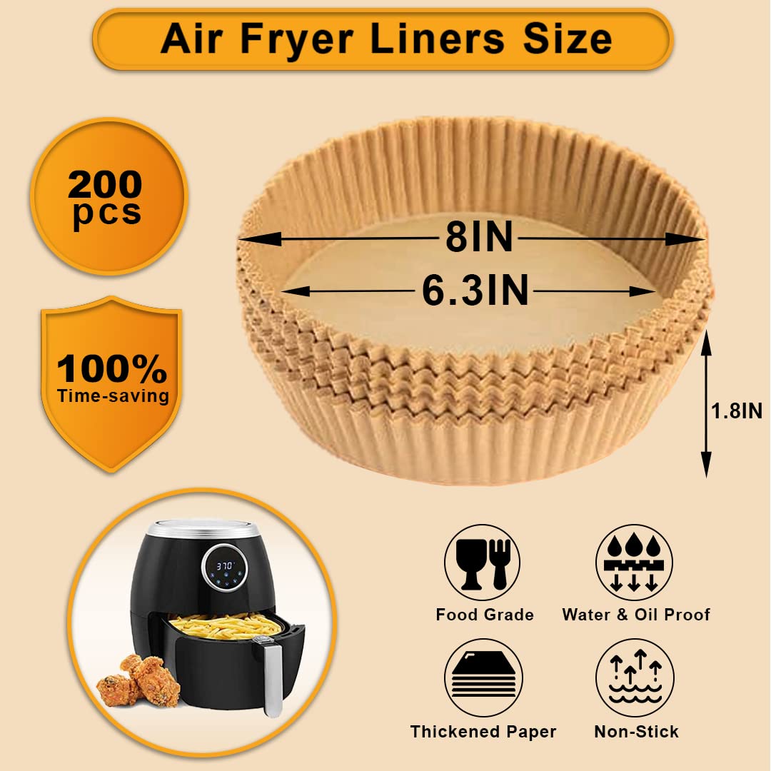 Air Fryer Liners 6.3 inch Round (Fits 2-5Qt) - 200 Pcs Non-Stick Air Fryer Disposable Paper Liner for Easy Cleanup - Parchment Paper Liners Oil-proof & Water-proof use for Steamer  Microwave & Oven