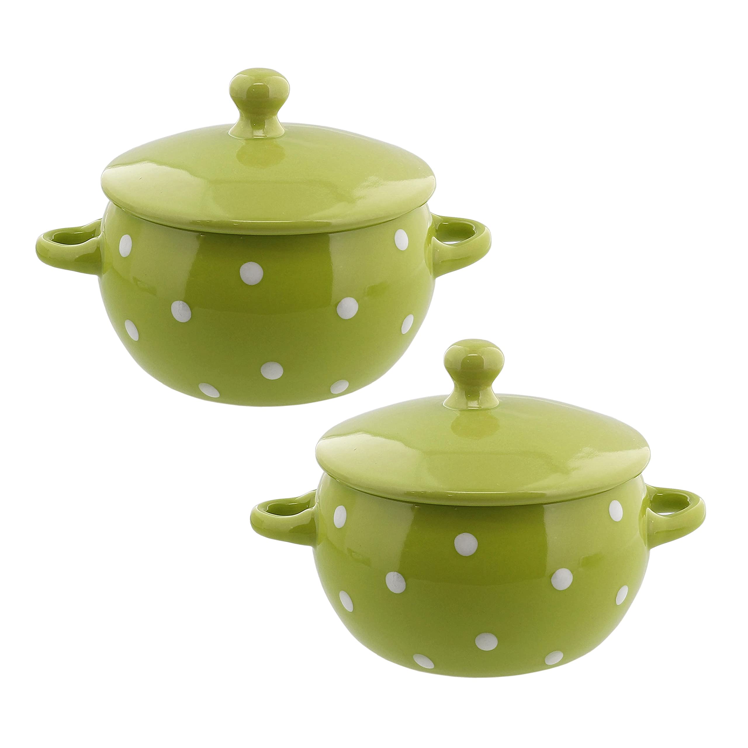 Servette Home Soup Bowls with Handles and Lids Ceramic Polka Dot Set of 2 Green