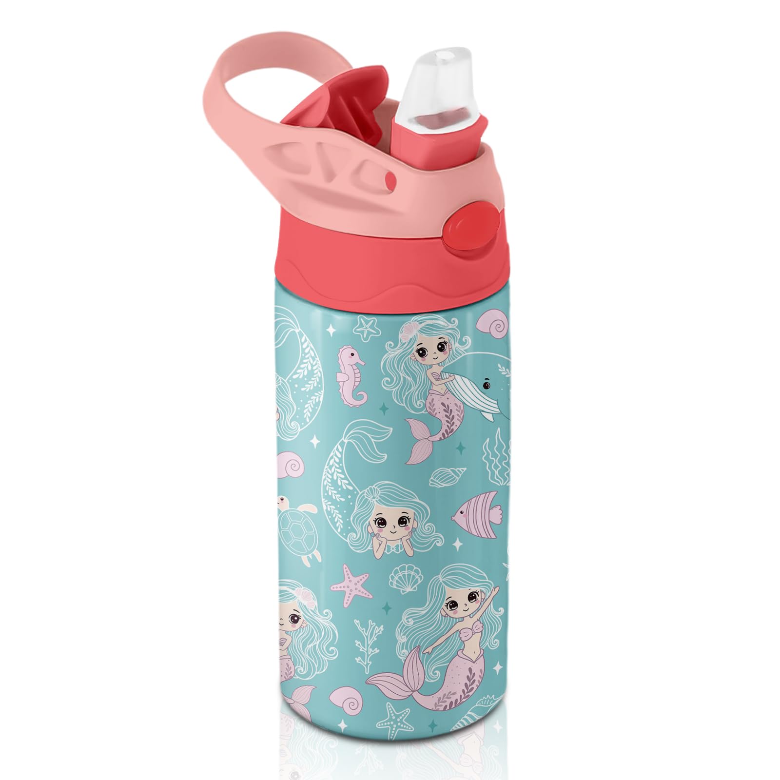 Mermaid Water Bottle for Girls - 12oz Cute Cartoon Kids Water Bottle with Straw, Stainless Steel Tumbler, Insulated, Leak-proof,