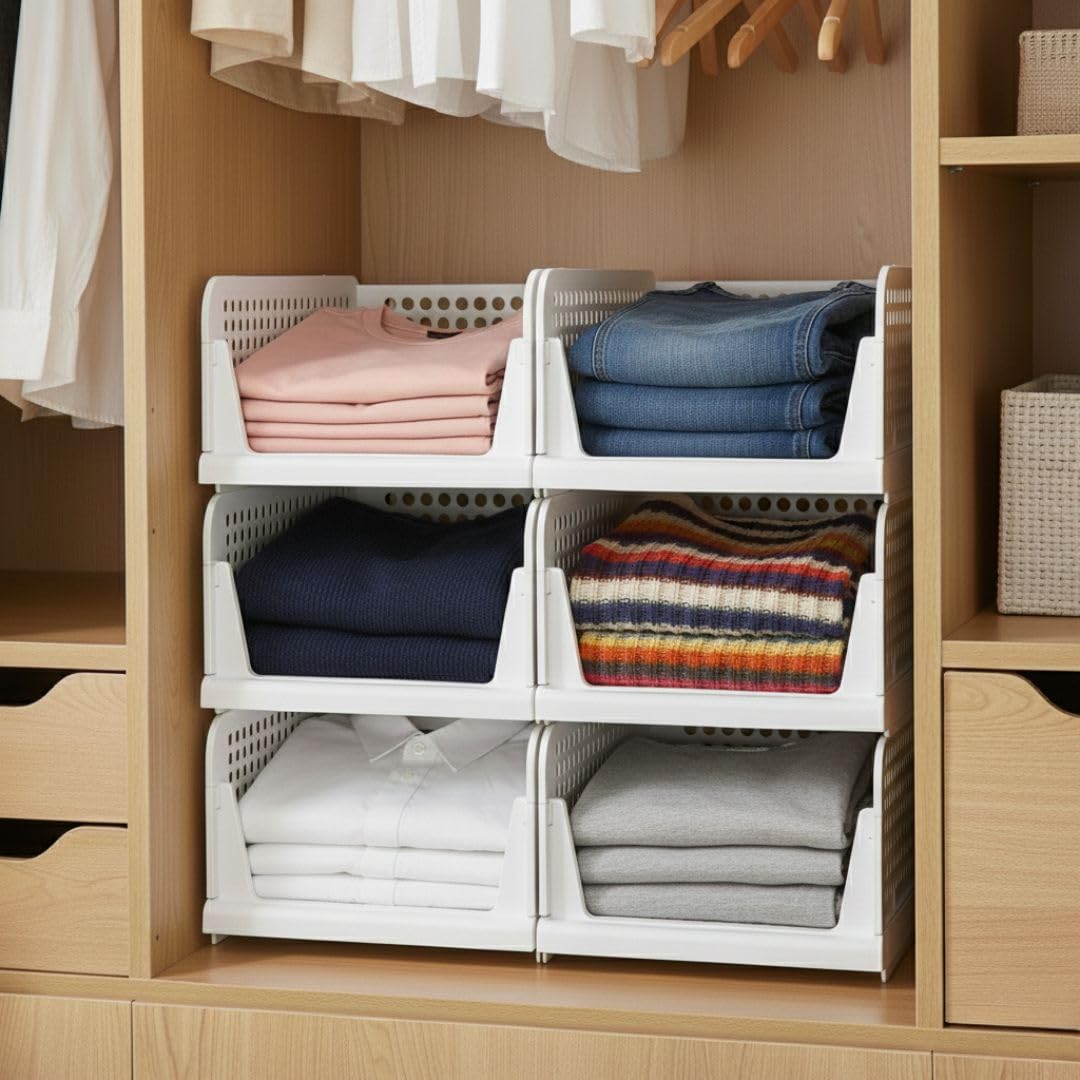 Aliensware 6Pcs Large Size Clothes Storage Rack, Cloth Organizer For Cupboard, Wardrobe, Stackable & Foldable Basket Closet Orga