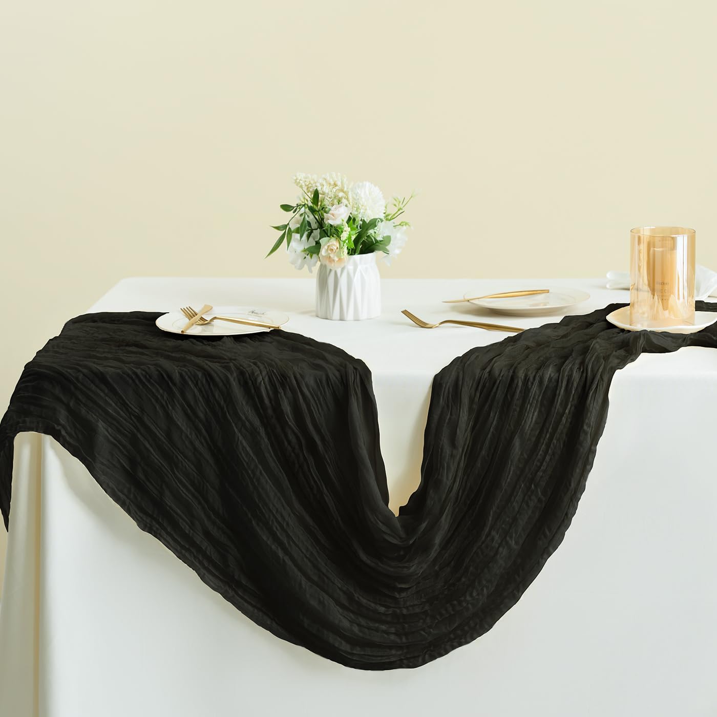 Sioloc 10 Pack Black Halloween Table Runner,10Ft Black Chiffon Table Runner ,Boho Gauze Fall Table Runner For Wedding Bridal Bab