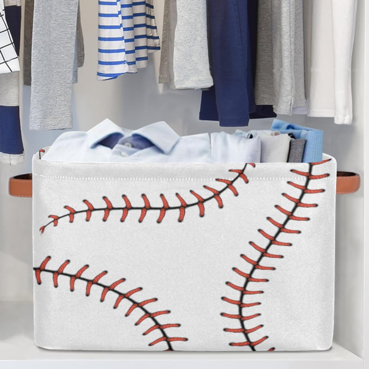Baseball Storage Bin Basket, White Softball Large Toys Storage Cube Box With Handles, Collapsible Laundry Basket Rectangular Wat