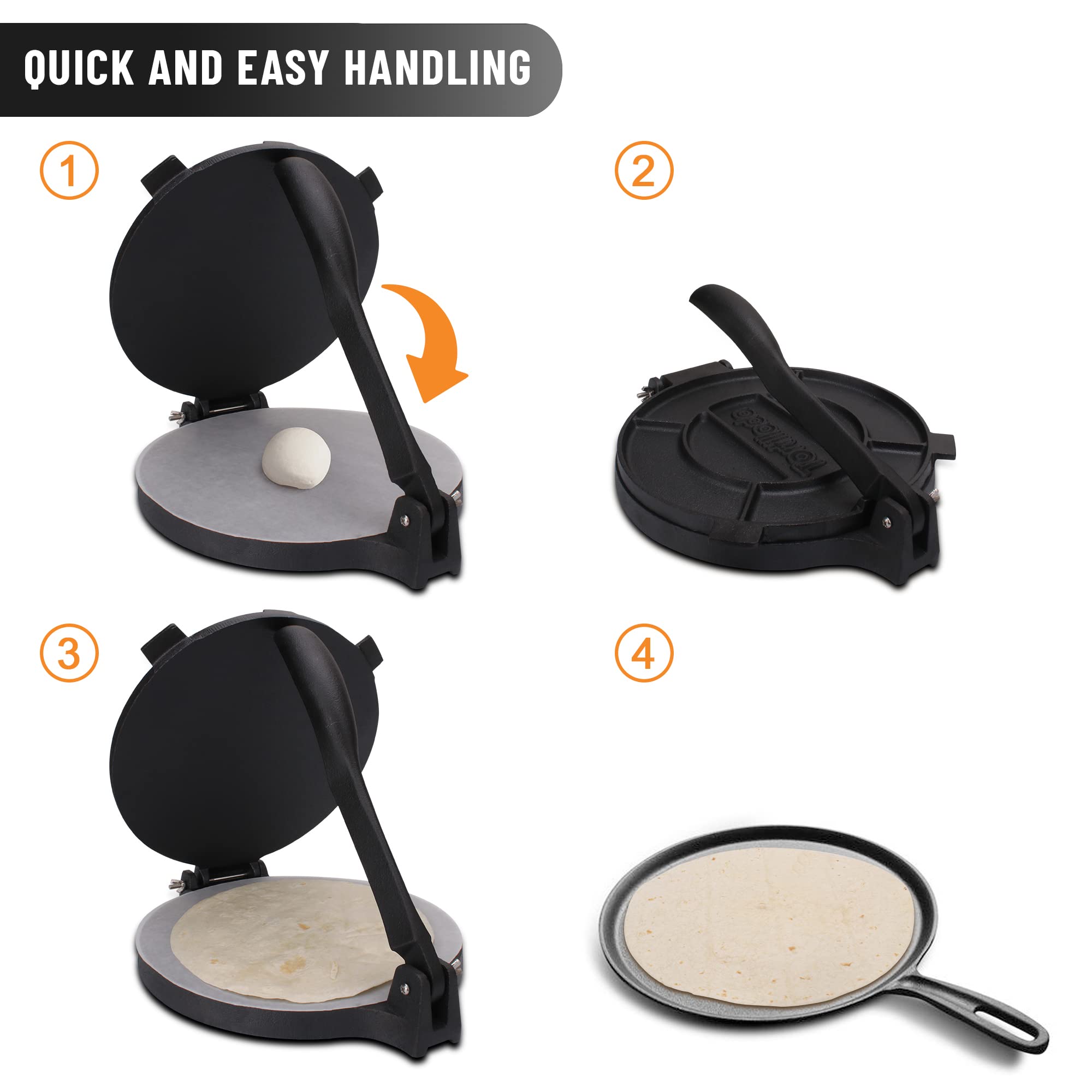 Tortillada - 10 Inch Tortilla Press + Parchment Paper (100 Pcs) - Pre-Seasoned Cast Iron With Recipes E-Book