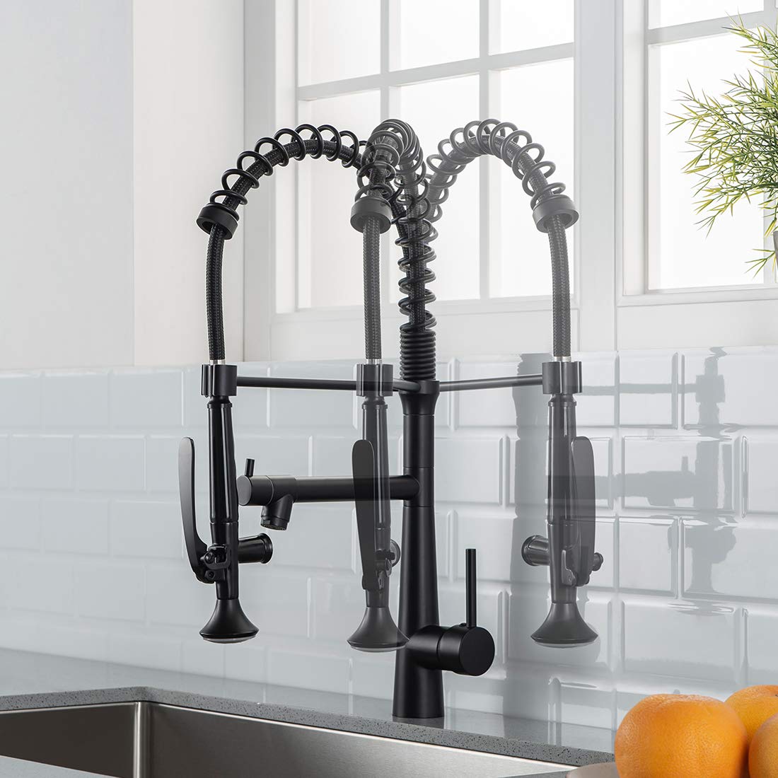 AIMADI Black Kitchen Faucet with Sprayer - Commercial Faucet Kitchen Single Handle Spring Pull Down Kitchen Sink Faucet with LED Light Matte Black
