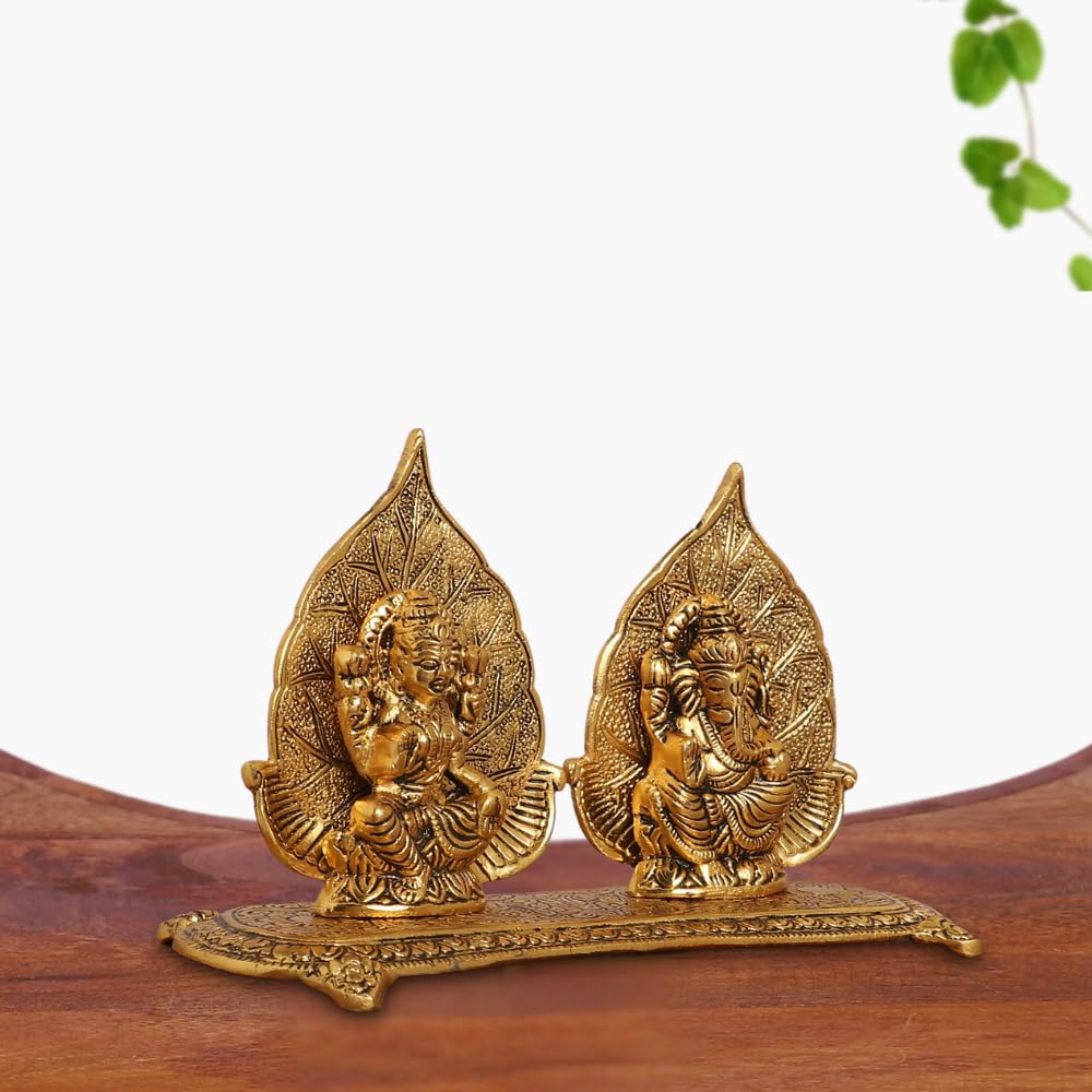 Smiles Gift Gold Plated Patta Laxmi Ganesh Idol Statue | Aluminium Figurines | For Pooja, Mandir, Temple & Return Gift Showpiece