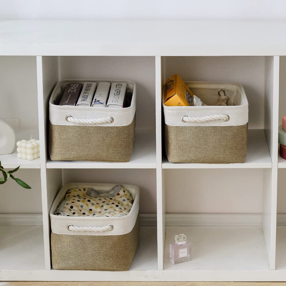 Thewarmhome Storage Basket For Organizing - 14X10X7 Inch Medium 3 Pack Collapsible Storage Bin For Shelves With Handles, Canves